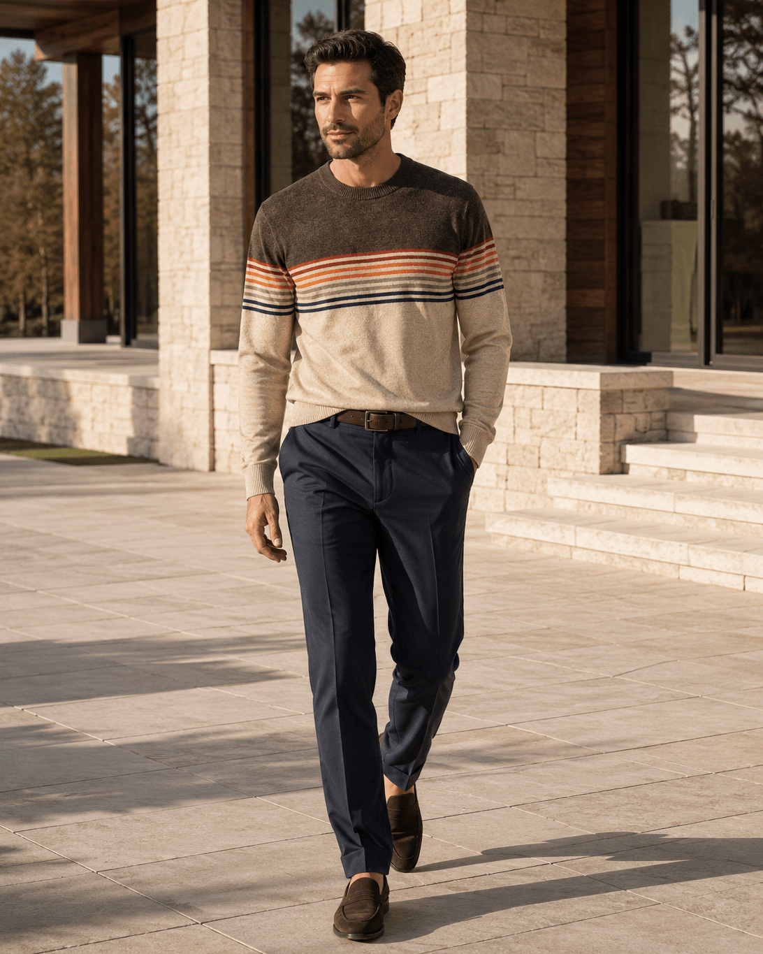 Multi-Stripe Crewneck Sweater - F/X Fusion - Crewneck Sweater - #color_Oatmeal