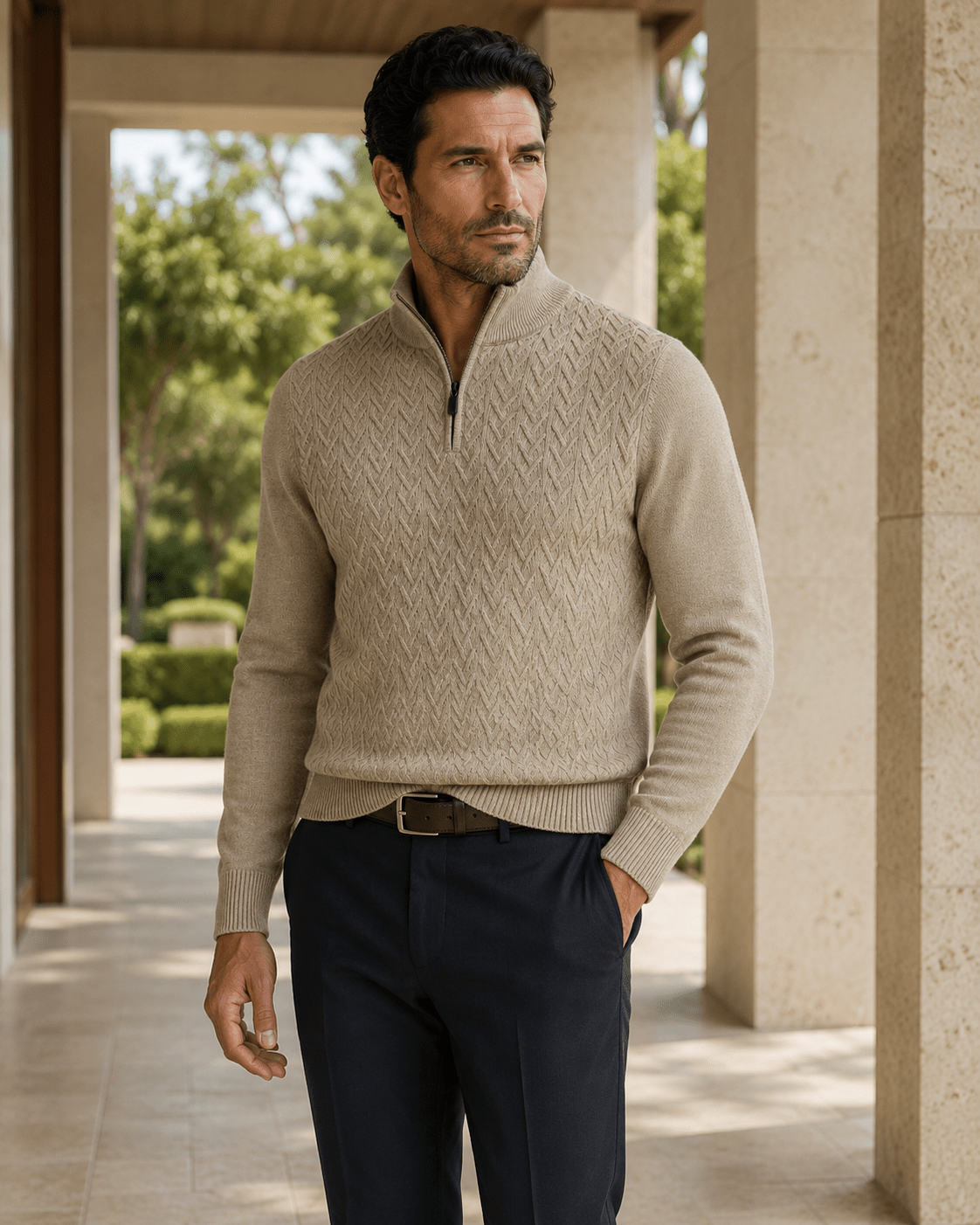 Textured Quarter-Zip Sweater - F/X Fusion - Quarter-Zip Sweater - #color_Oatmeal Heather