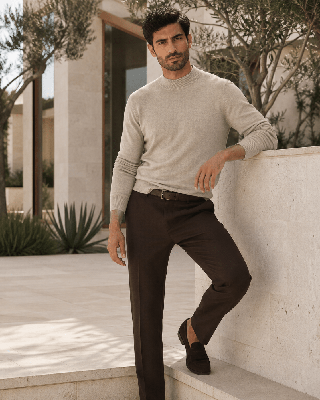 Cotton-Blend Mock Neck Sweater - F/X Fusion - Mock Neck Sweater - #color_Oatmeal