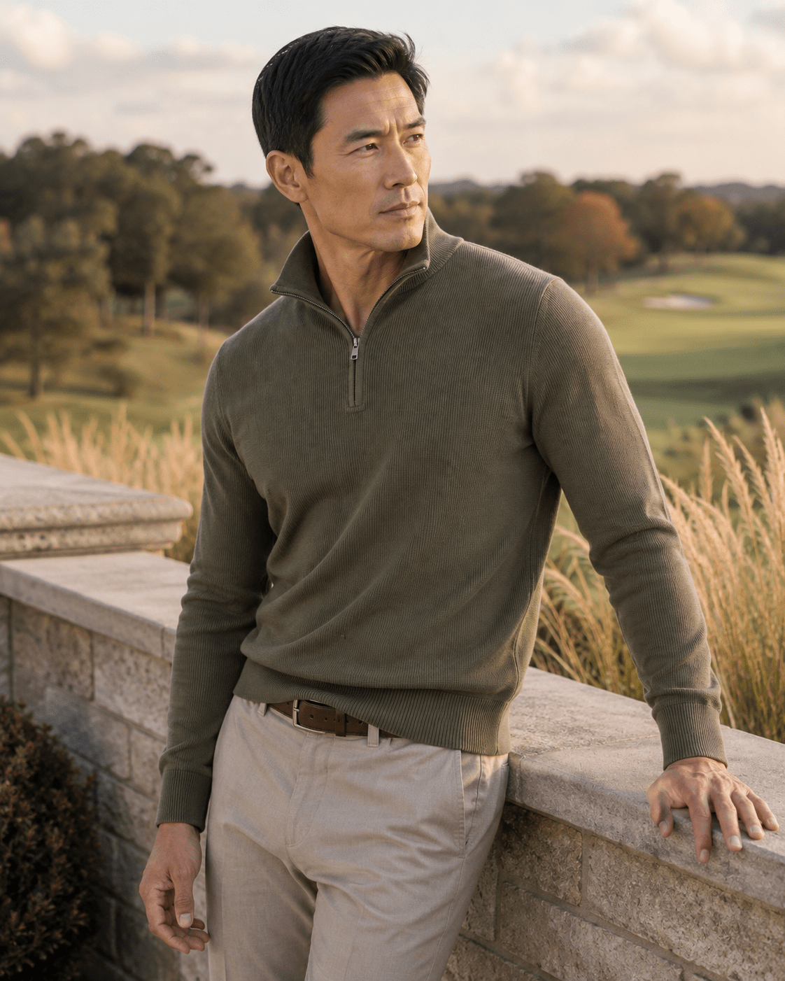 Sandwashed Thermal Quarter-Zip Sweater - F/X Fusion - Quarter-Zip Sweater - #color_Olive