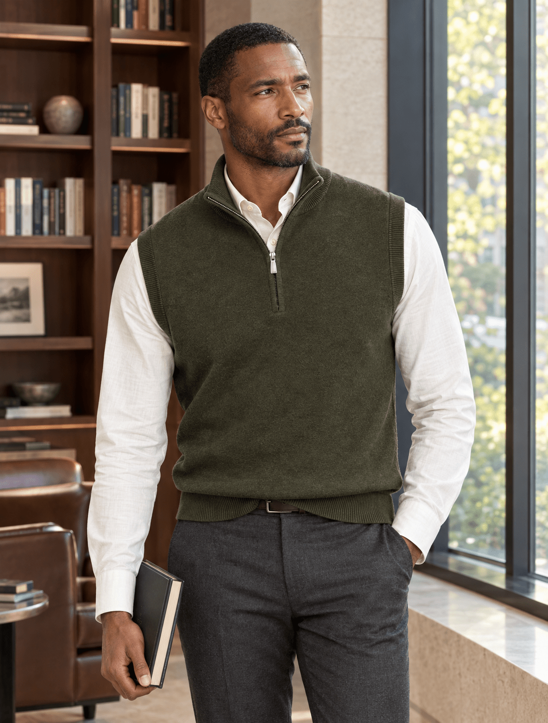 Cotton-Blend Quarter-Zip Vest - F/X Fusion - Quarter-Zip Vest - #color_Olive Heather