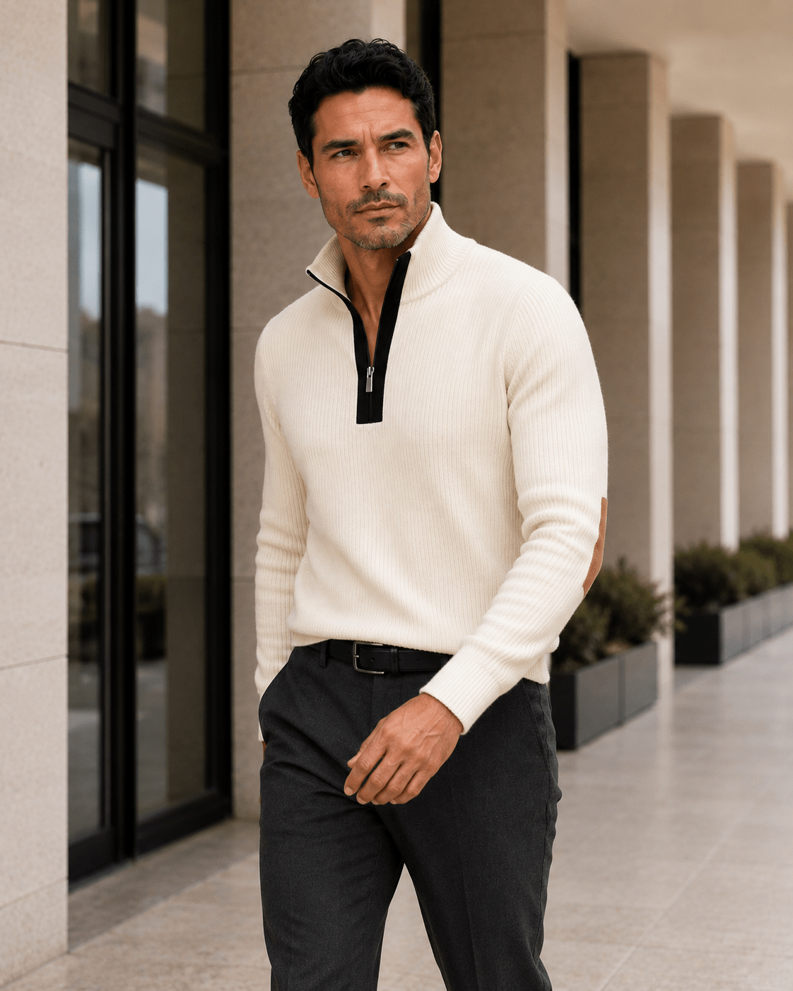 Elbow Patch Quarter-Zip Sweater - F/X Fusion - Quarter-Zip Sweater - #color_Platinum