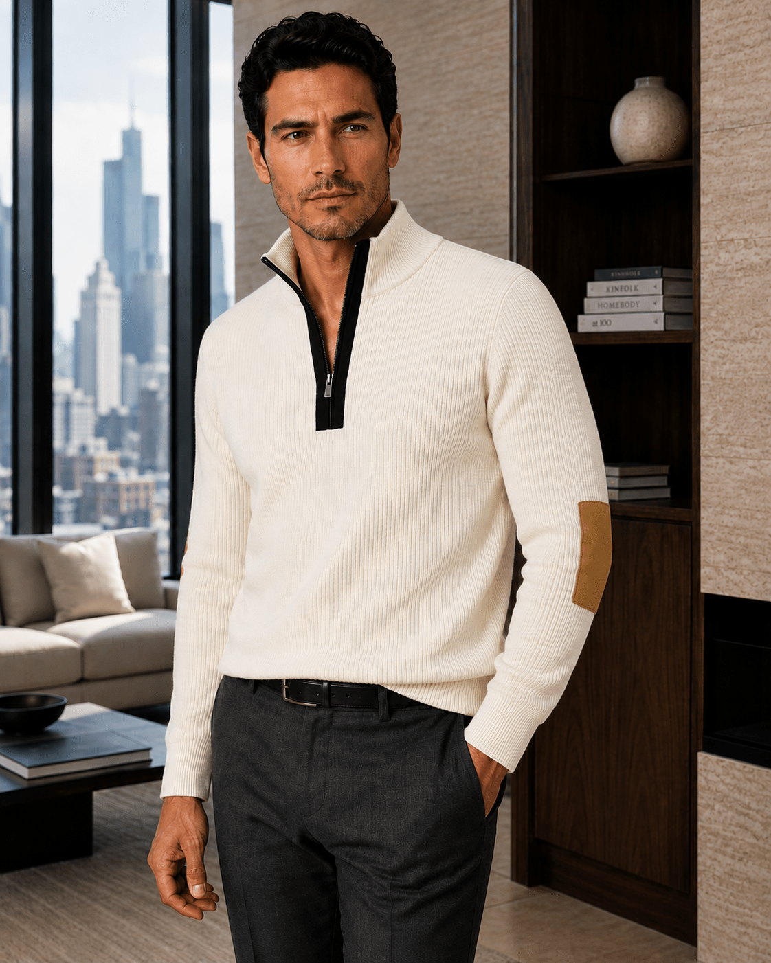 Elbow Patch Quarter-Zip Sweater - F/X Fusion - Quarter-Zip Sweater - #color_Platinum