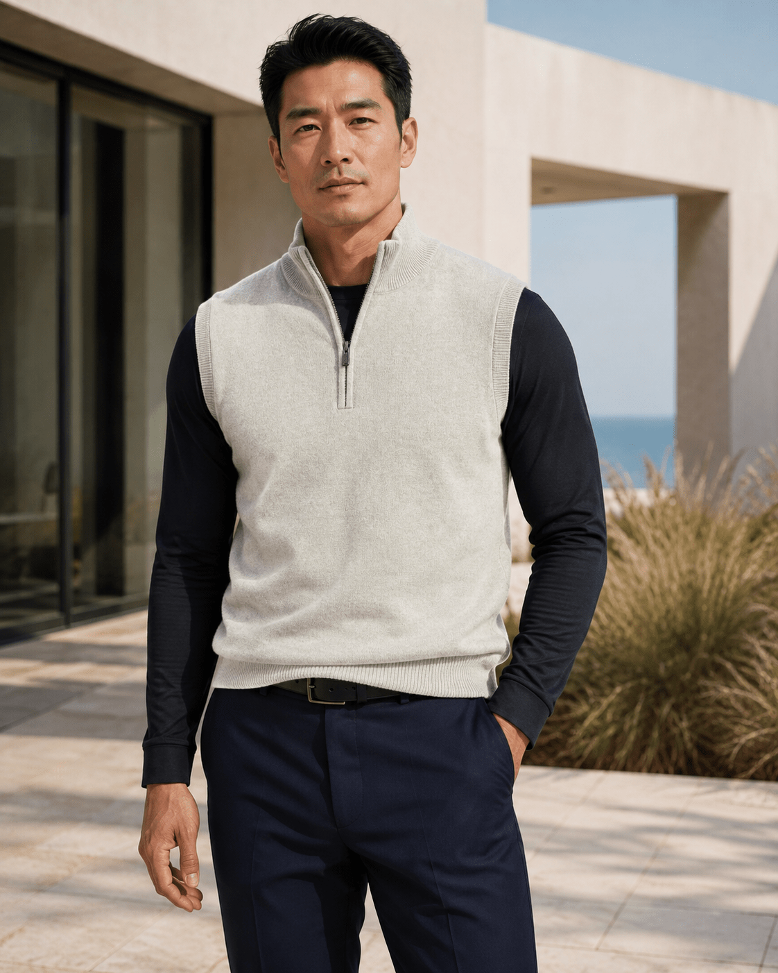 Cotton-Blend Quarter-Zip Vest - F/X Fusion - Quarter-Zip Vest - #color_Platinum