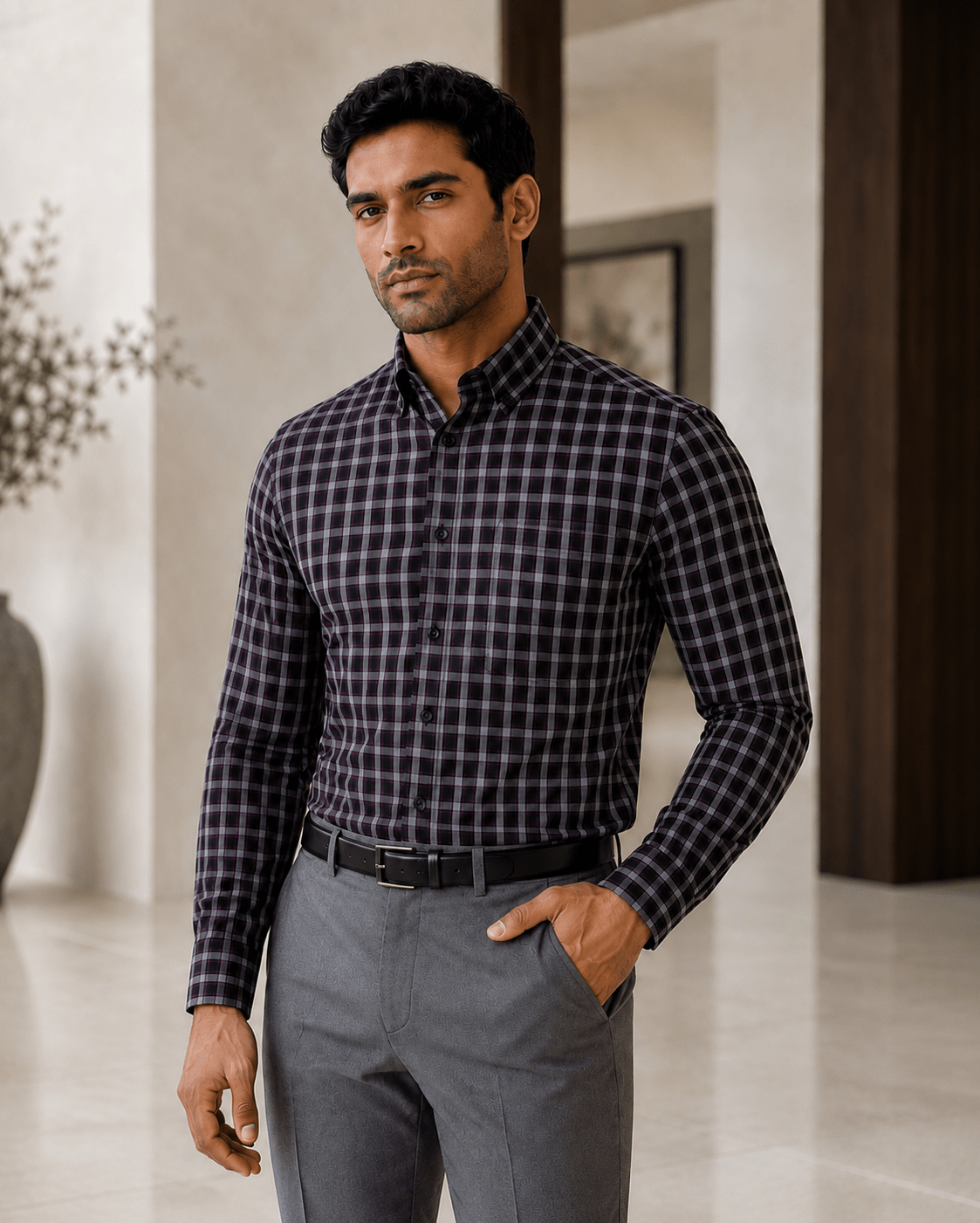 Cotton Blend Plaid Underbutton Shirt - F/X Fusion - Underbutton Dress shirt - #color_Purple