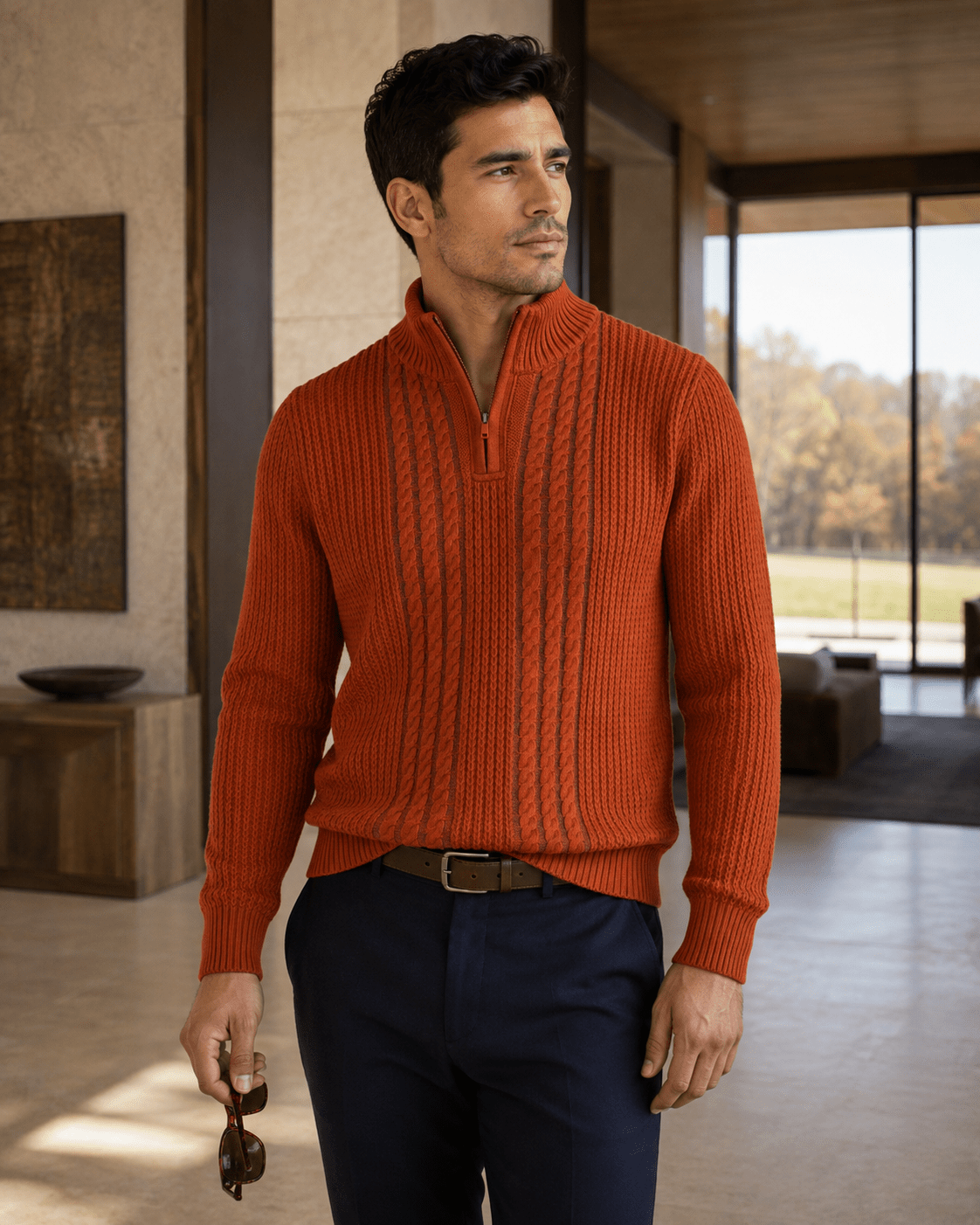 Plaited Cable Quarter-Zip Sweater - F/X Fusion - Quarter-Zip Sweater - #color_Scotch