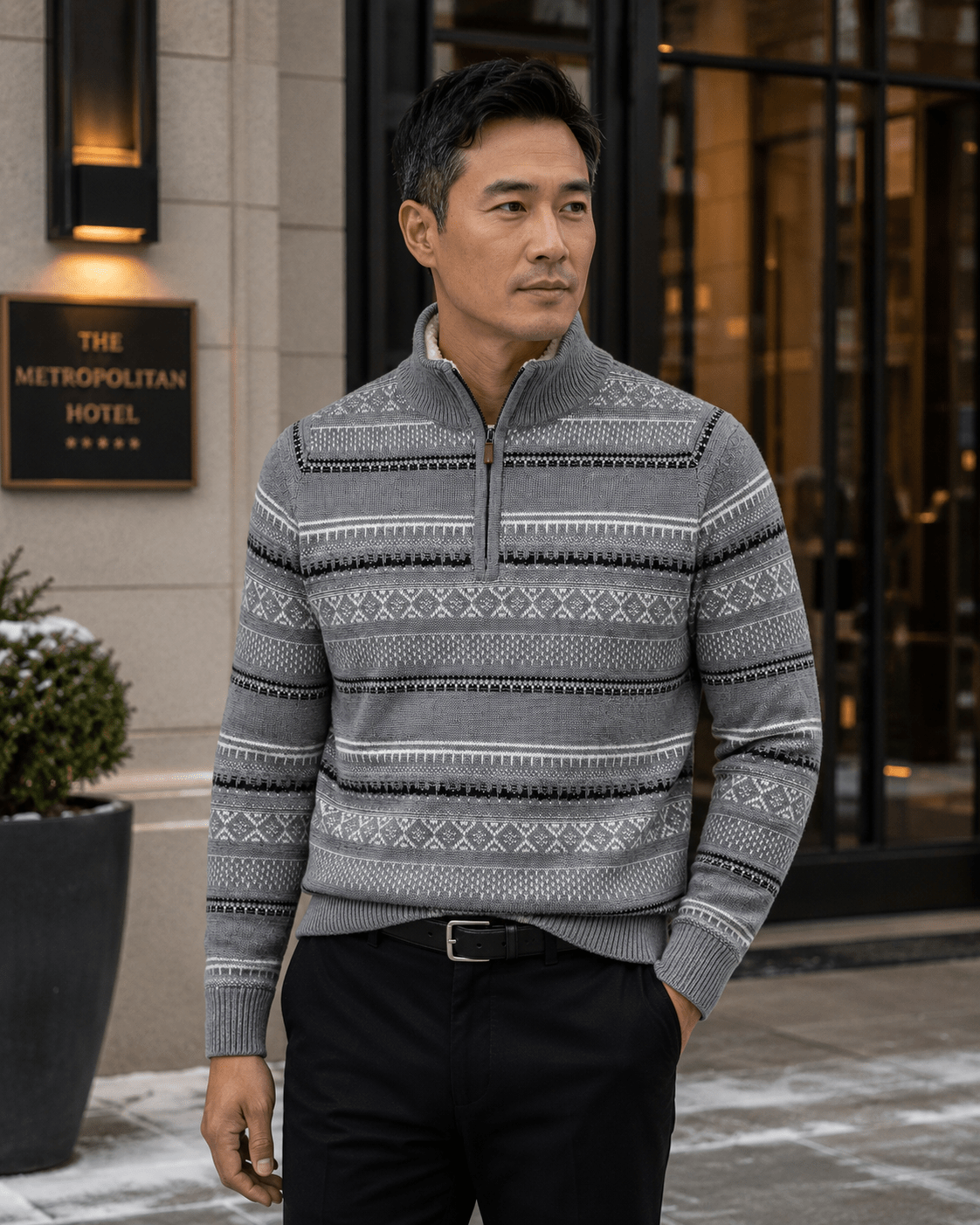 Sherpa-Lined Fair Isle Quarter-Zip Sweater - F/X Fusion - Quarter-Zip Sweater - #color_Silver
