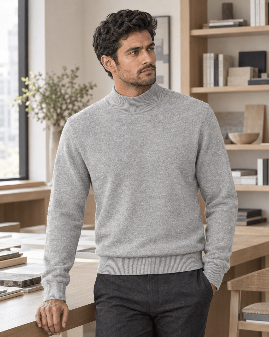 Cotton-Blend Mock Neck Sweater - F/X Fusion - Mock Neck Sweater - #color_Silver Heather