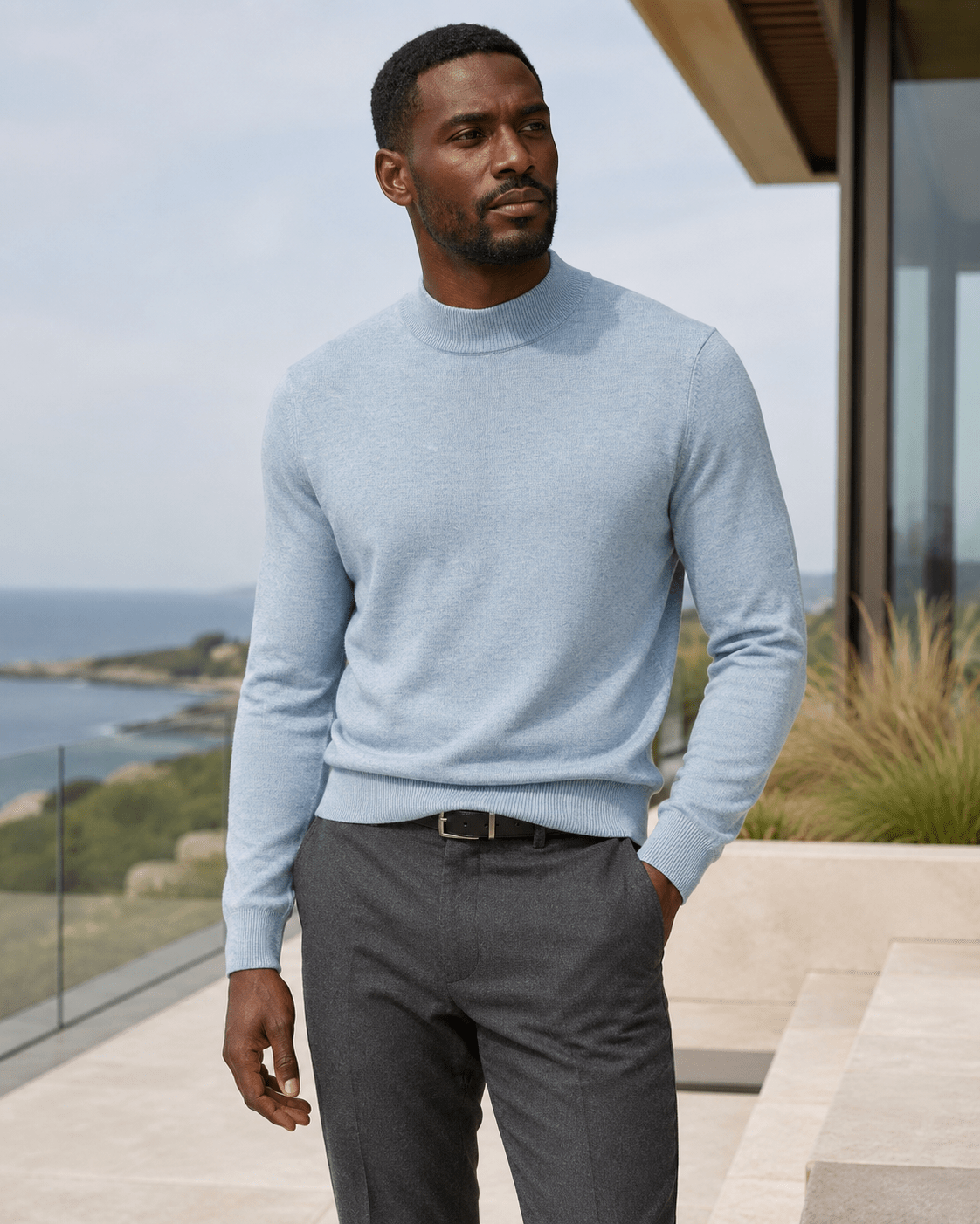 Cotton-Blend Mock Neck Sweater - F/X Fusion - Mock Neck Sweater - #color_Slate Heather