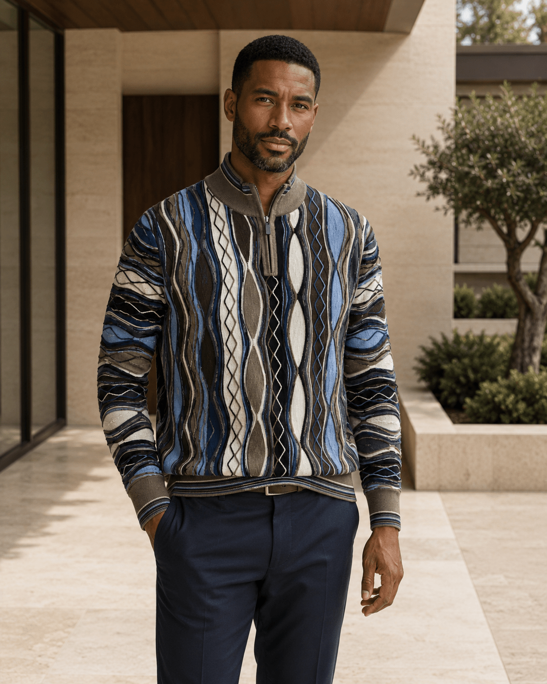 Vertical Textured Quarter-Zip Sweater - F/X Fusion - Quarter-Zip Sweater - #color_Taupe