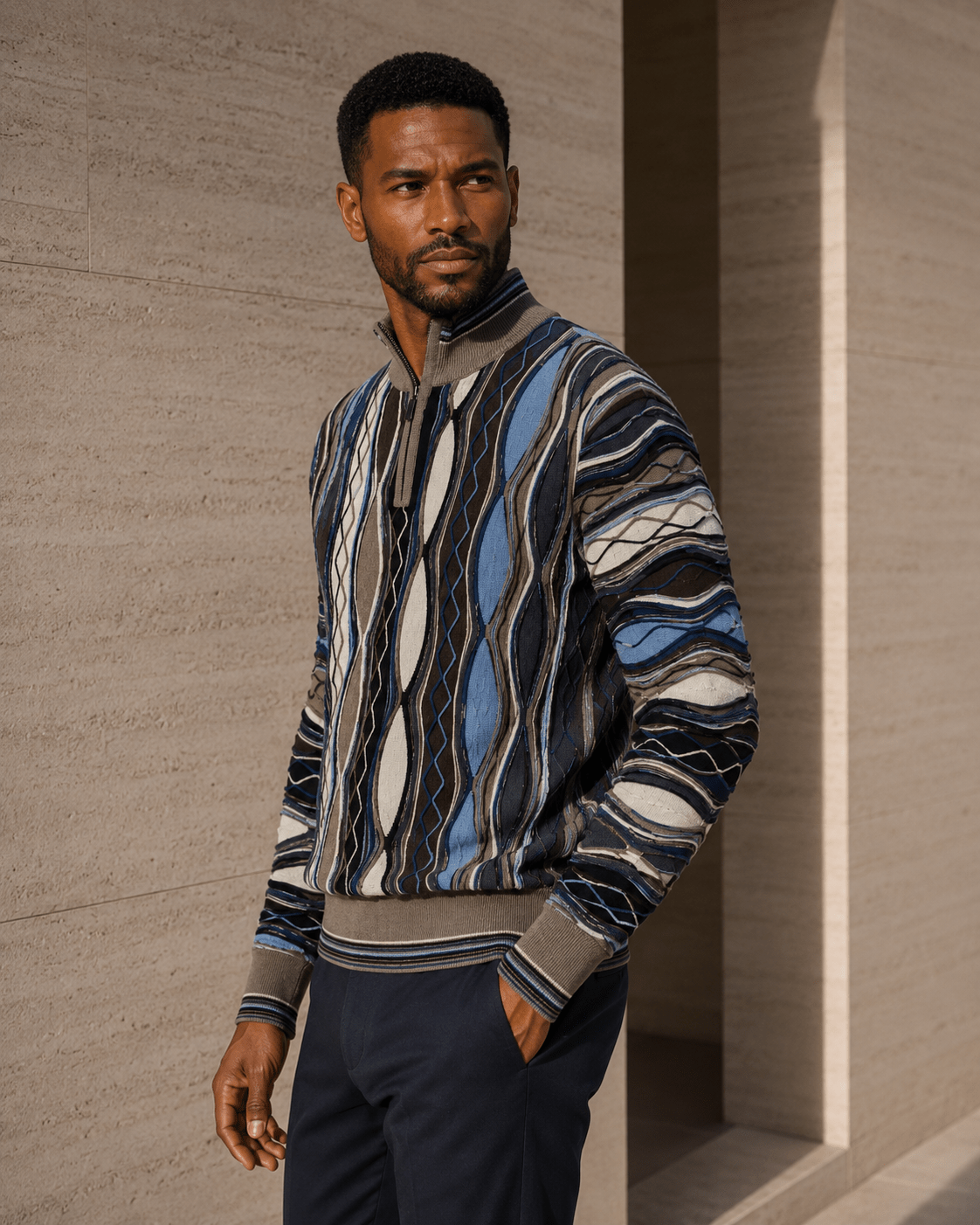 Vertical Textured Quarter-Zip Sweater - F/X Fusion - Quarter-Zip Sweater - #color_Taupe