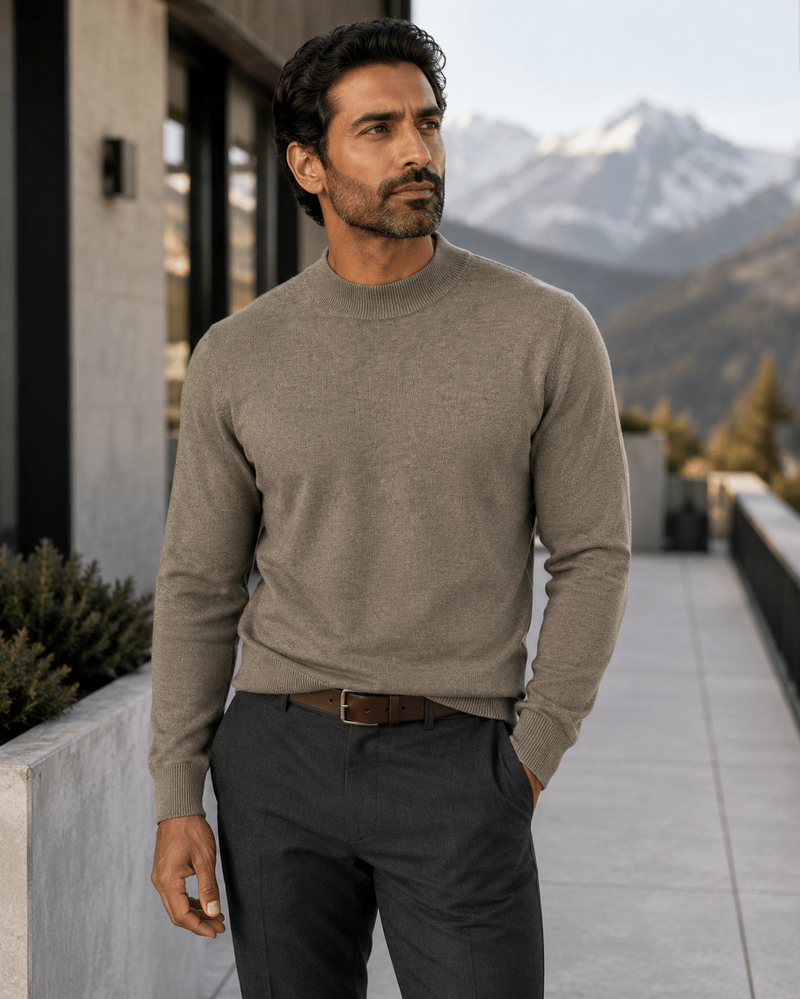 Cotton-Blend Mock Neck Sweater - F/X Fusion - Mock Neck Sweater - #color_Taupe Heather