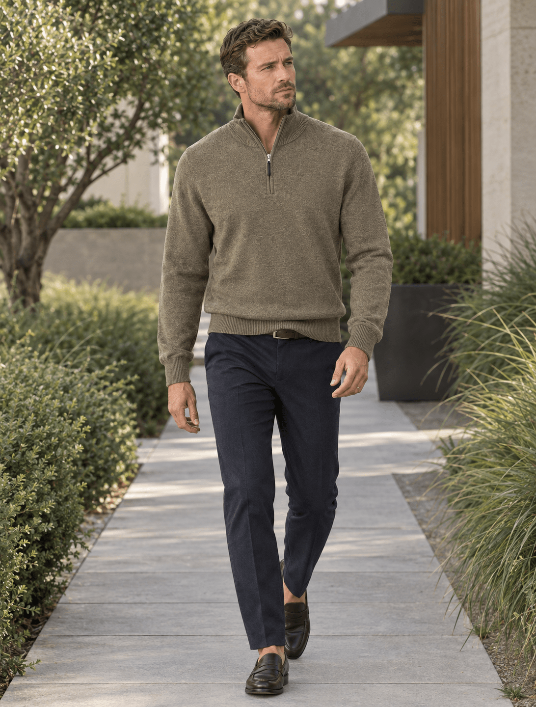 Cotton-Blend Quarter-Zip Sweater - F/X Fusion - Quarter-Zip Sweater - #color_Taupe Heather