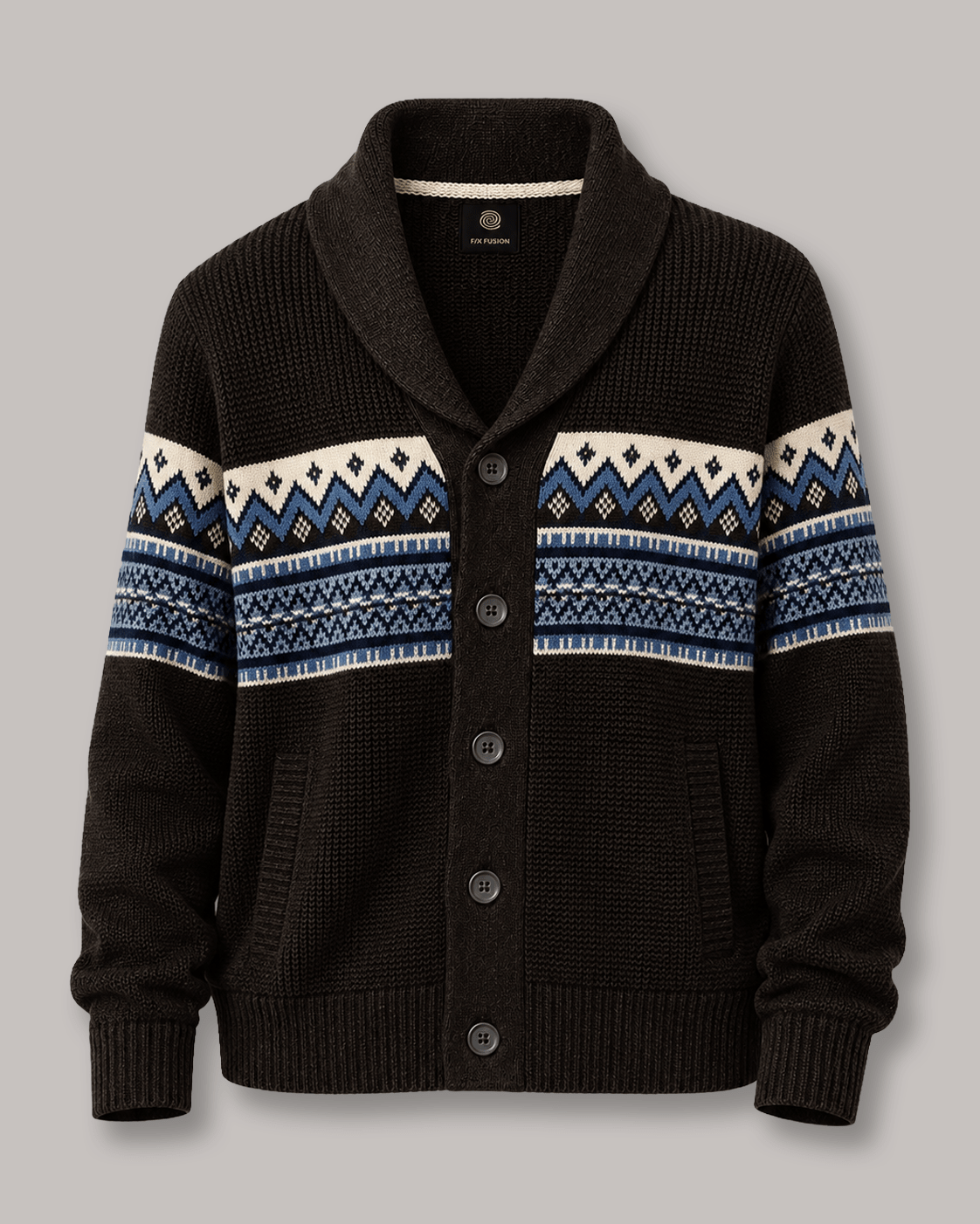 Fair Isle Shawl Collar Cardigan Sweater - F/X Fusion - Cardigan Sweater - #color_Brown