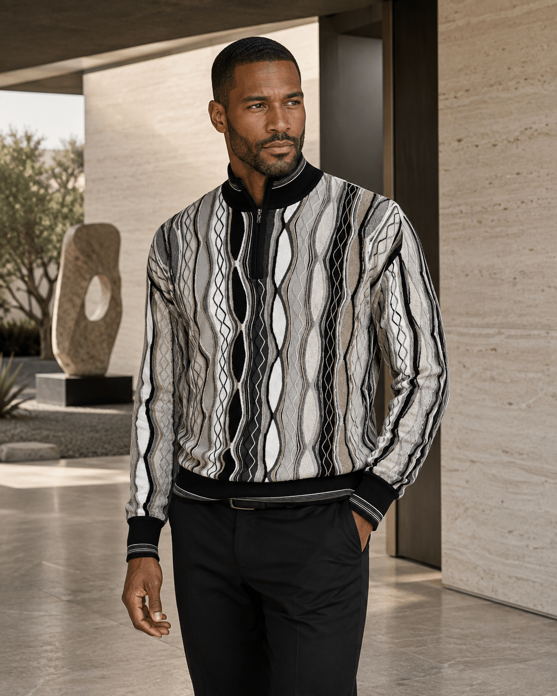 Vertical Textured Quarter-Zip Sweater - F/X Fusion - Quarter-Zip Sweater - #color_Black