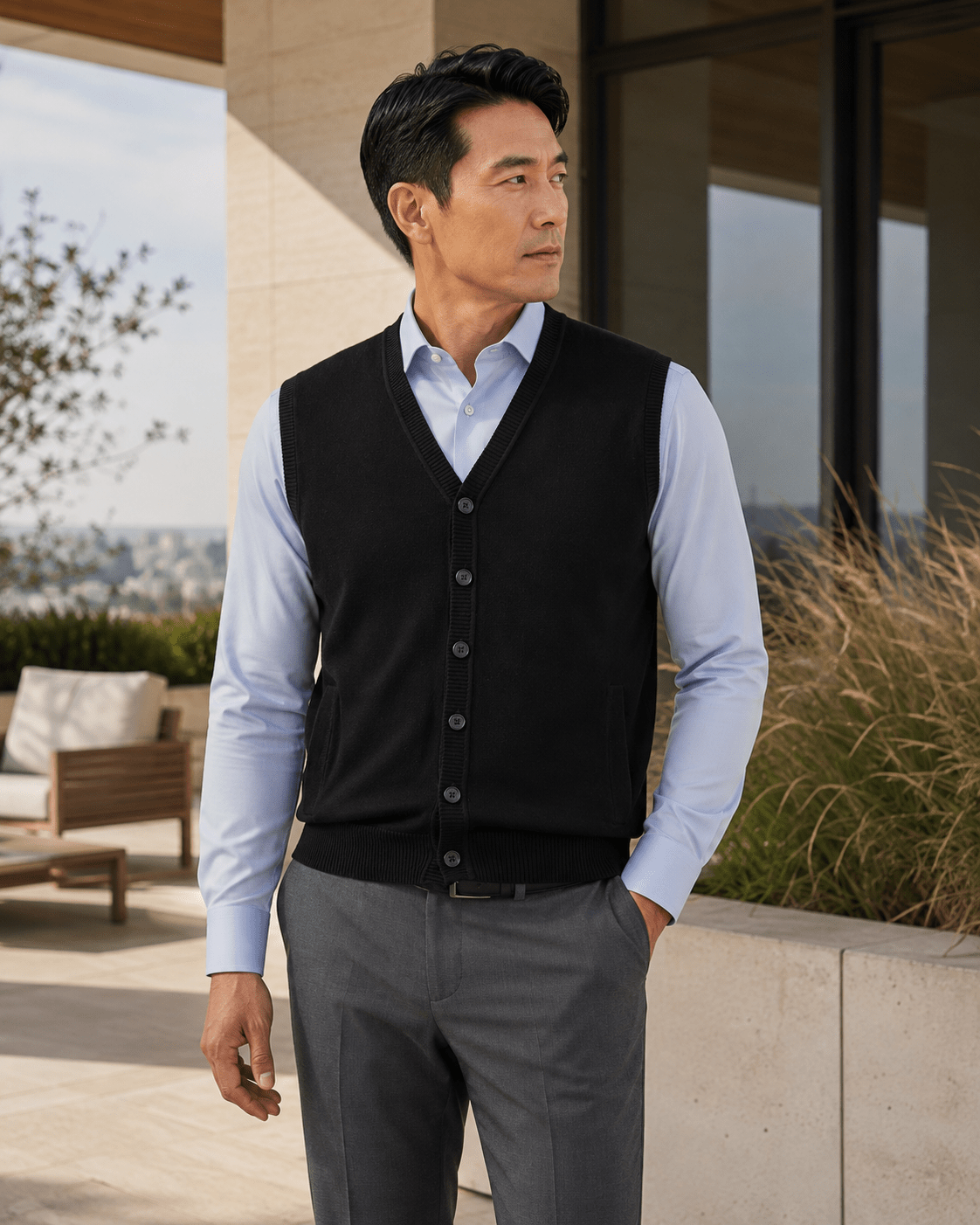 Jersey Button Cardigan Vest - F/X Fusion - Cardigan Vest - #color_Black