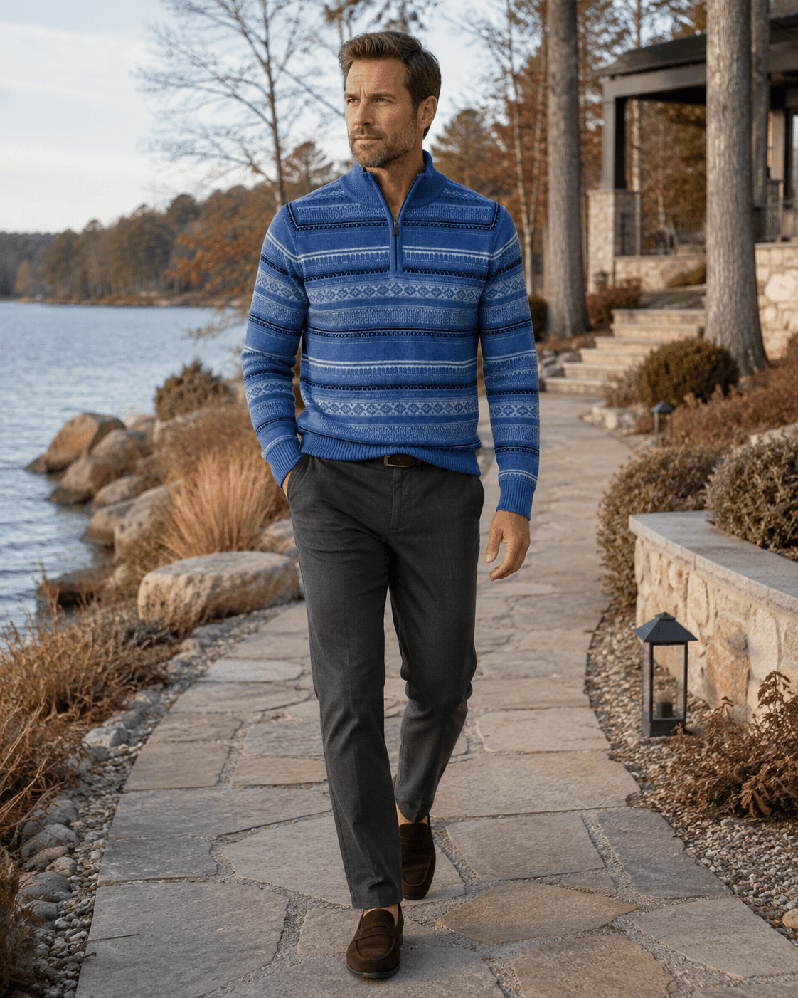 Sherpa-Lined Fair Isle Quarter-Zip Sweater - F/X Fusion - Quarter-Zip Sweater - #color_Blue