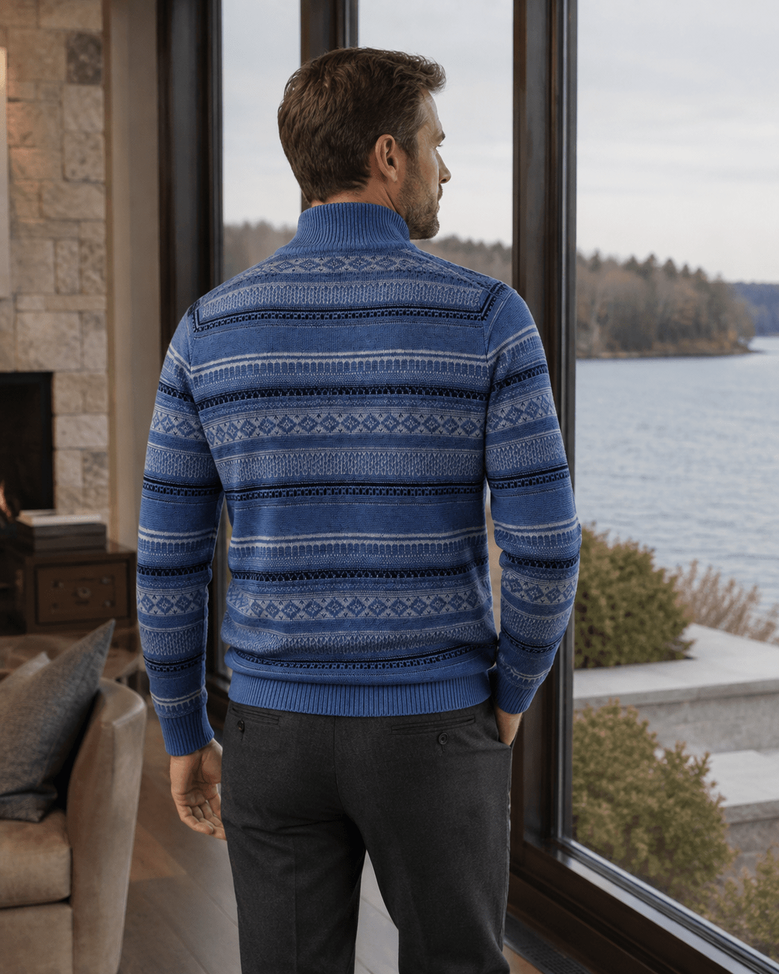 Sherpa-Lined Fair Isle Quarter-Zip Sweater - F/X Fusion - Quarter-Zip Sweater - #color_Blue