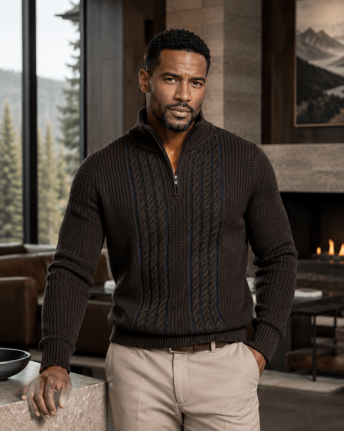 Plaited Cable Quarter-Zip Sweater - F/X Fusion - Quarter-Zip Sweater - #color_Brown