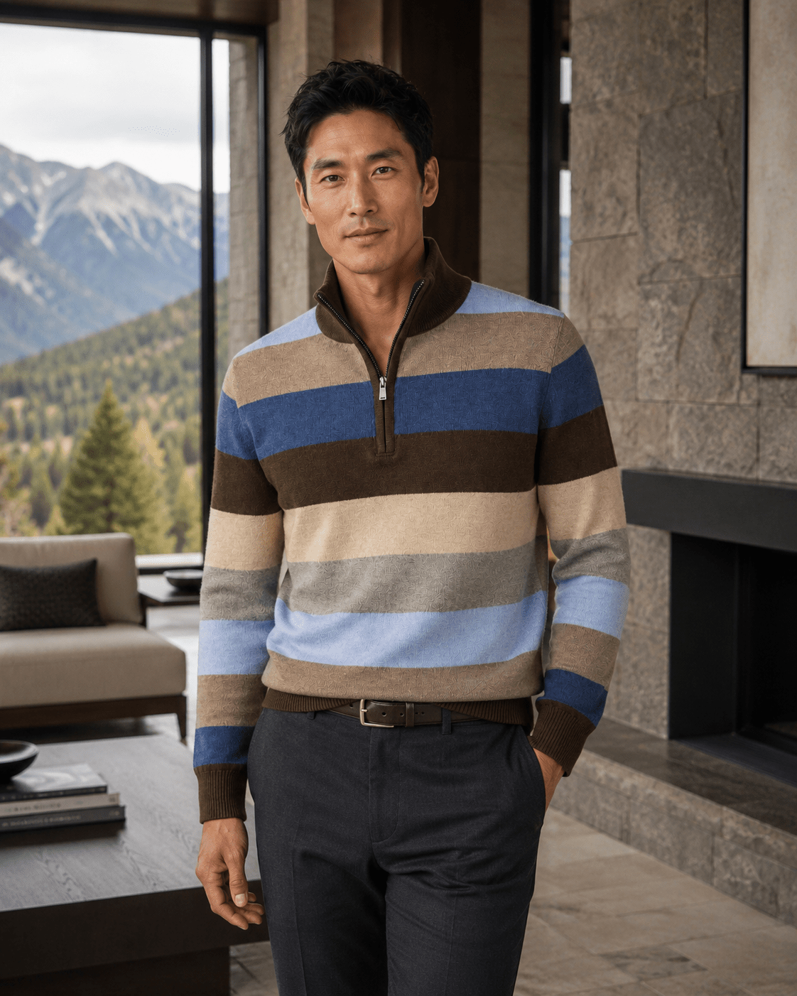 Rugby Stripe Quarter-Zip Sweater - F/X Fusion - Quarter-Zip Sweater - #color_Brown