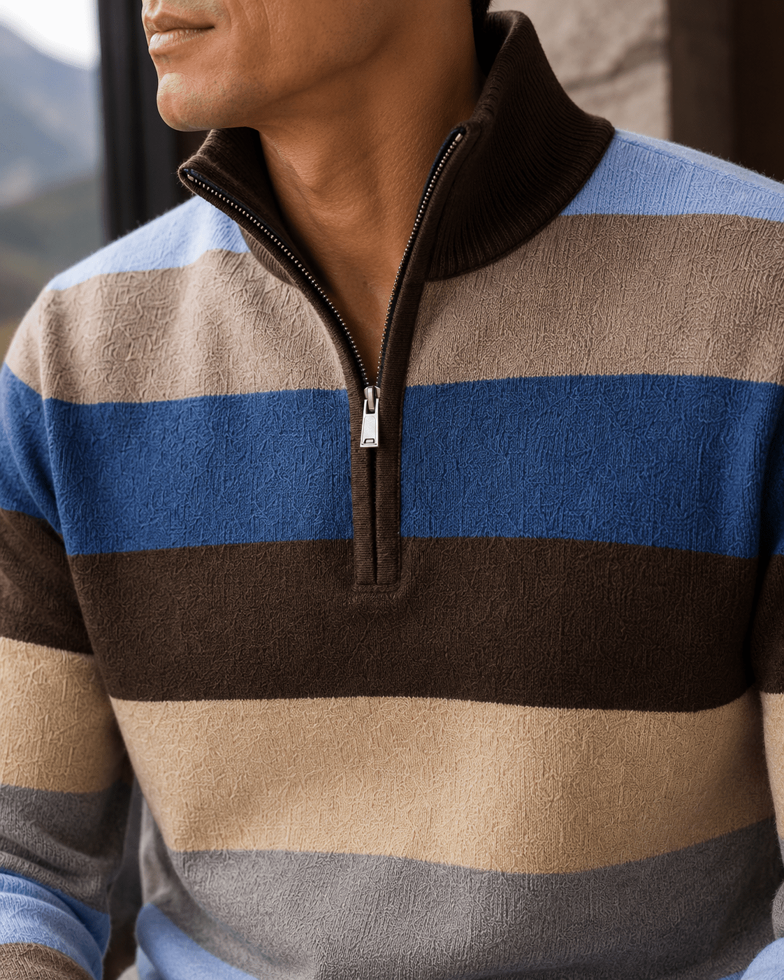 Rugby Stripe Quarter-Zip Sweater - F/X Fusion - Quarter-Zip Sweater - #color_Brown
