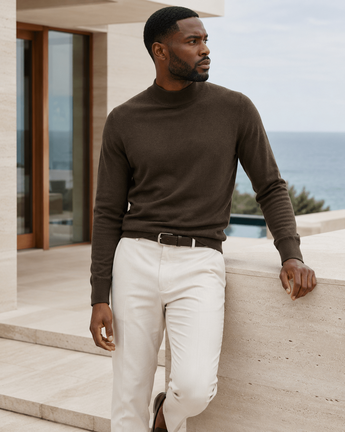 Cotton-Blend Mock Neck Sweater - F/X Fusion - Mock Neck Sweater - #color_Brown Heather
