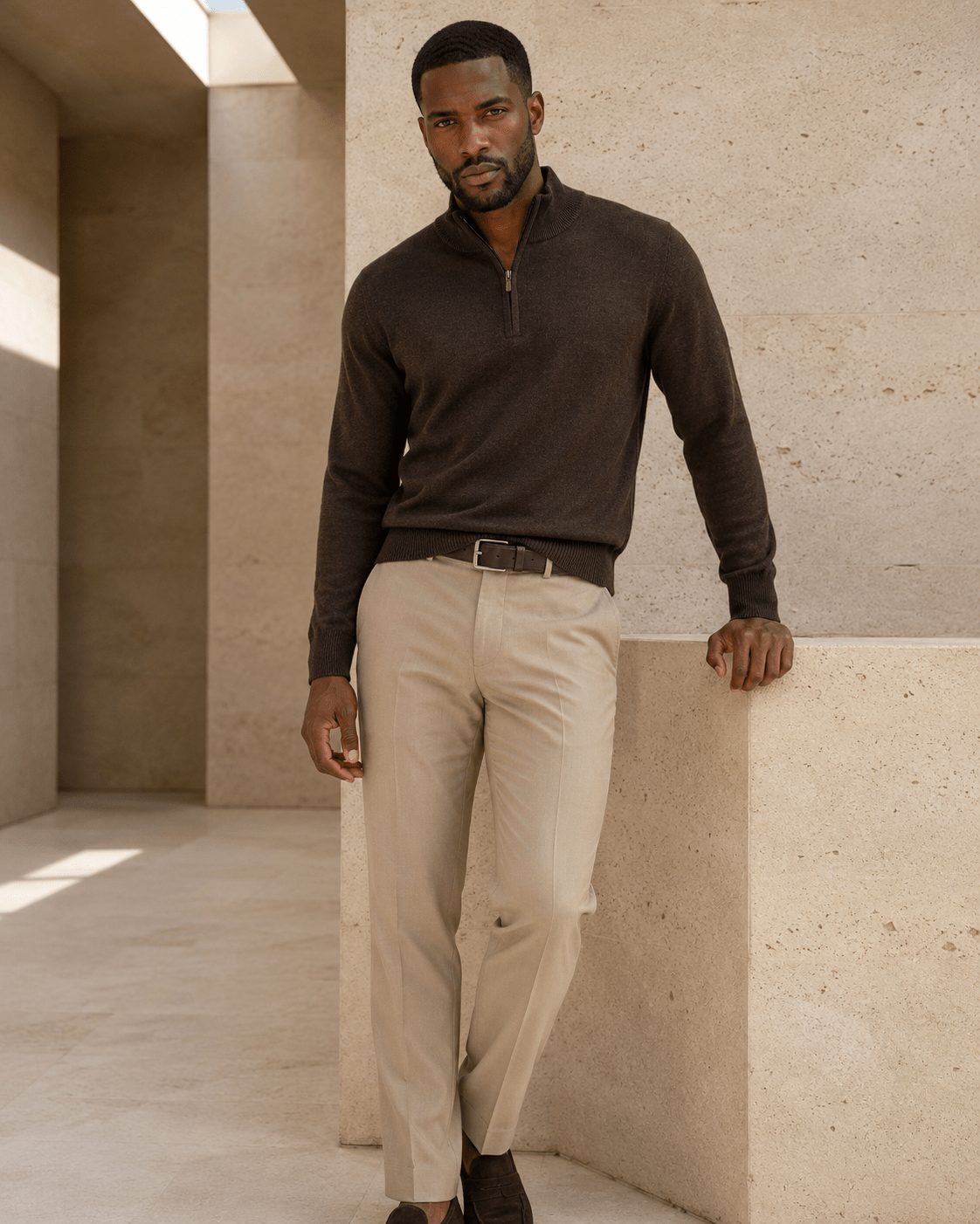 Cotton-Blend Quarter-Zip Sweater - F/X Fusion - Quarter-Zip Sweater - #color_Brown Heather