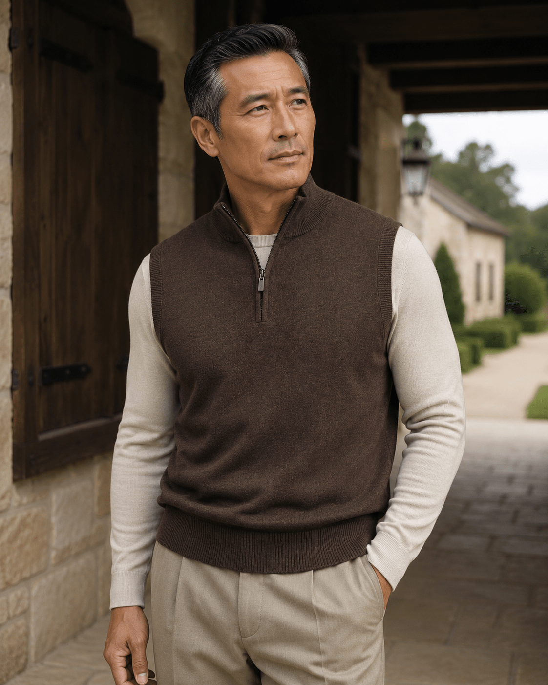 Cotton-Blend Quarter-Zip Vest - F/X Fusion - Quarter-Zip Vest - #color_Brown Heather