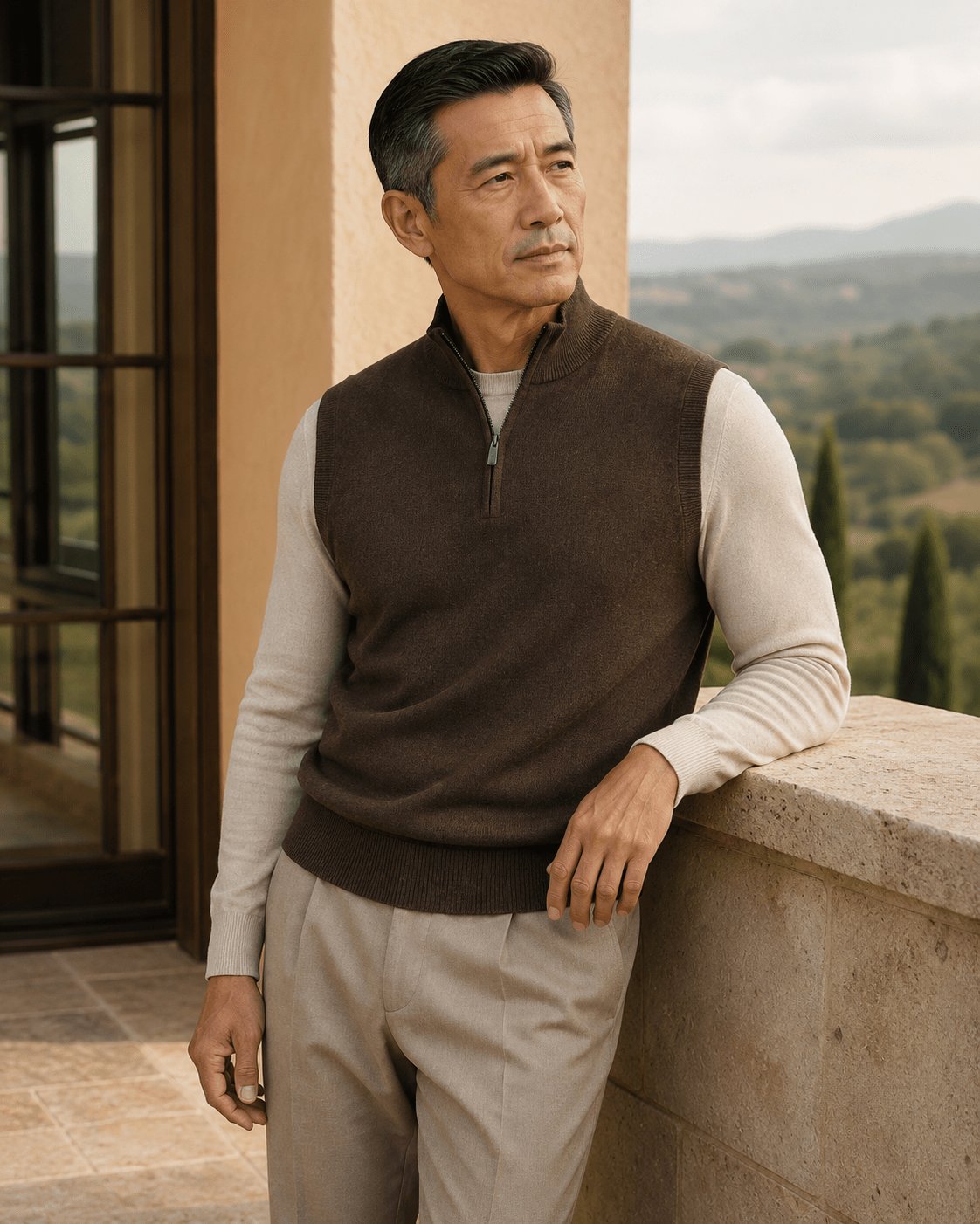 Cotton-Blend Quarter-Zip Vest - F/X Fusion - Quarter-Zip Vest - #color_Brown Heather