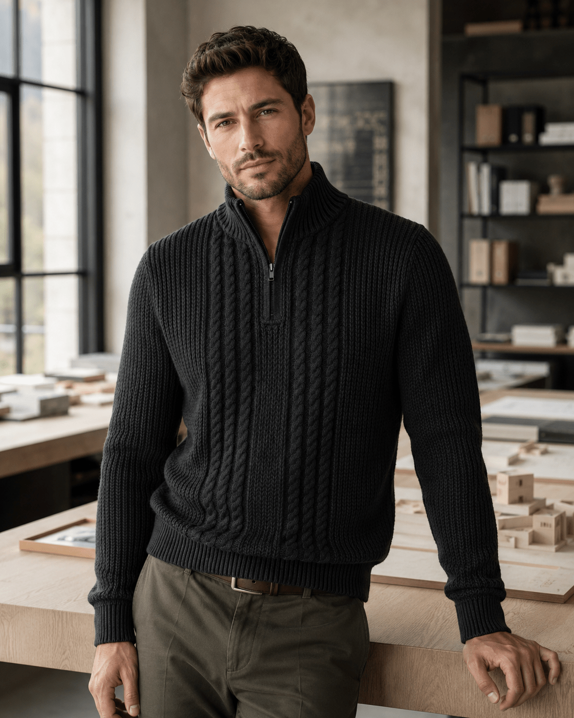 Plaited Cable Quarter-Zip Sweater - F/X Fusion - Quarter-Zip Sweater - #color_Charcoal