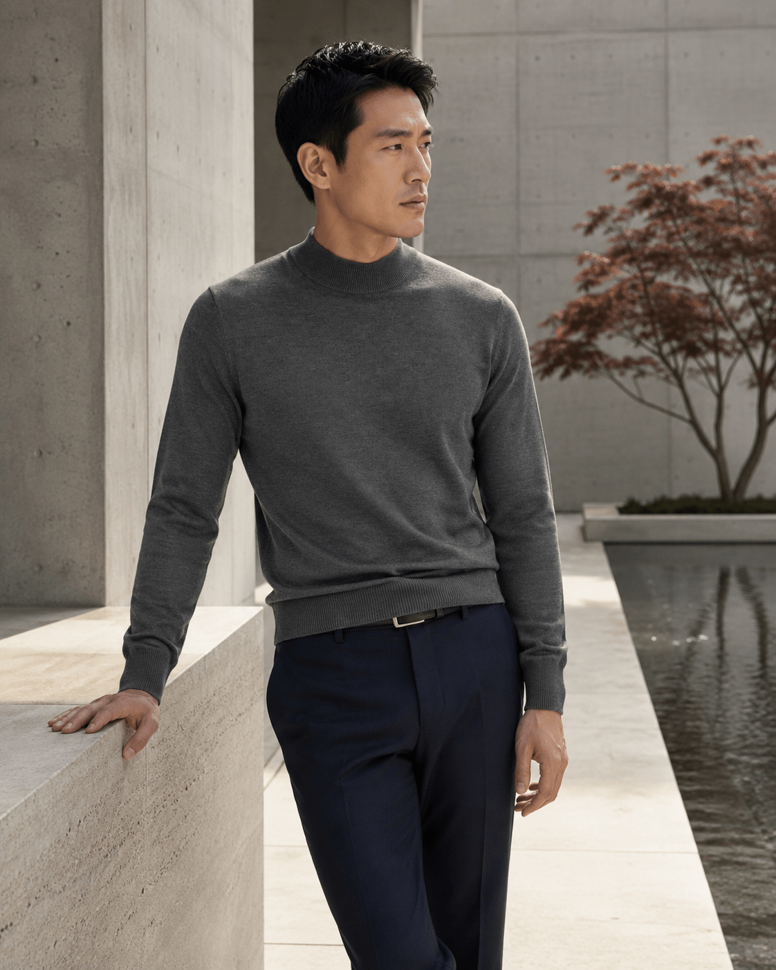 Cotton-Blend Mock Neck Sweater - F/X Fusion - Mock Neck Sweater - #color_Charcoal Heather