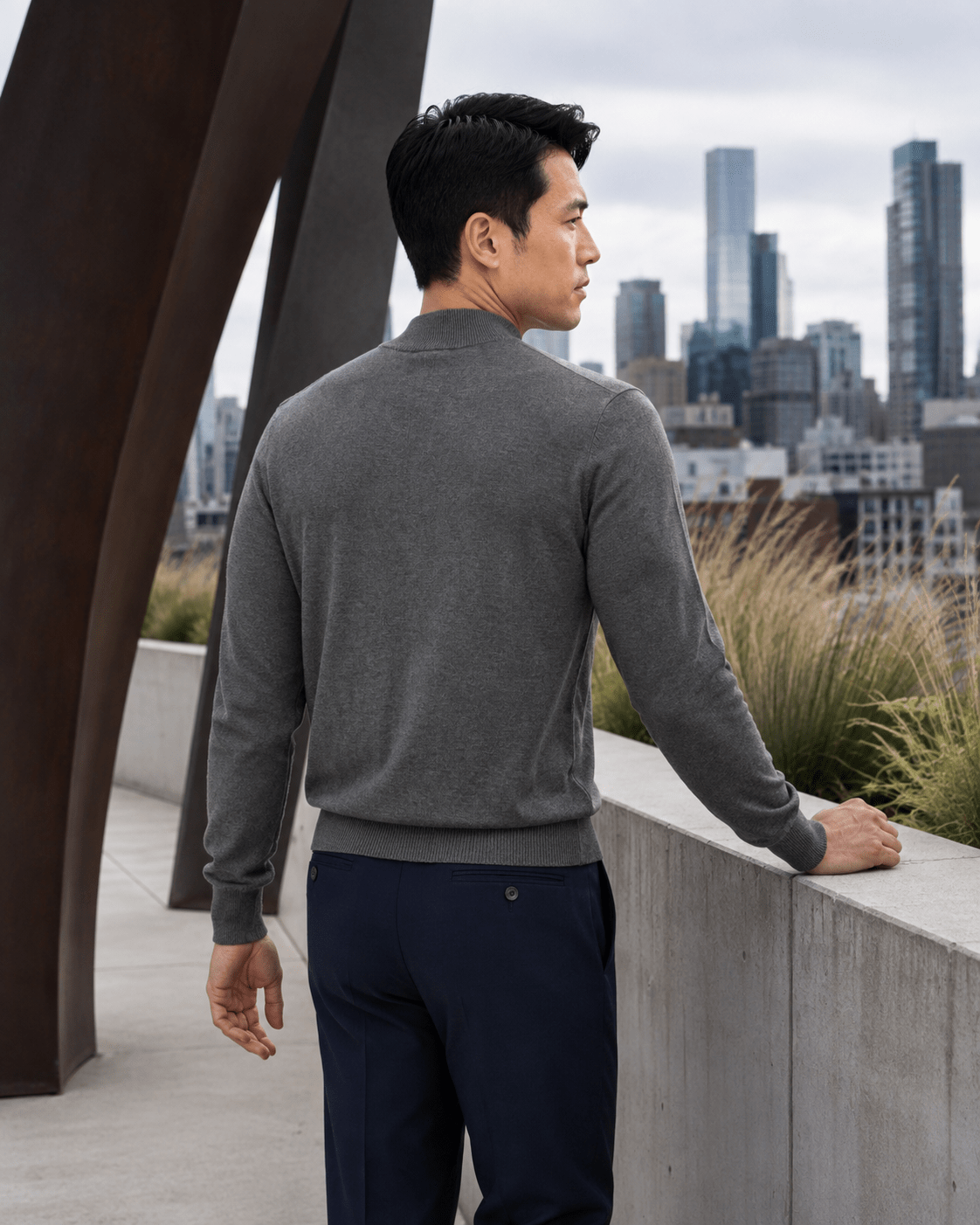 Cotton-Blend Mock Neck Sweater - F/X Fusion - Mock Neck Sweater - #color_Charcoal Heather