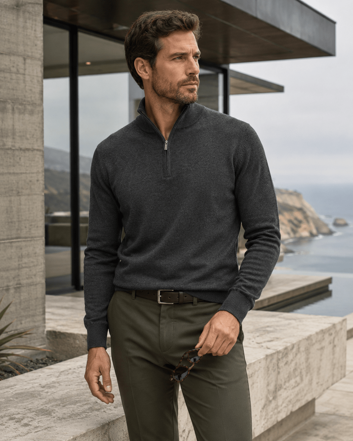 Cotton-Blend Quarter-Zip Sweater - F/X Fusion - Quarter-Zip Sweater - #color_Charcoal Heather