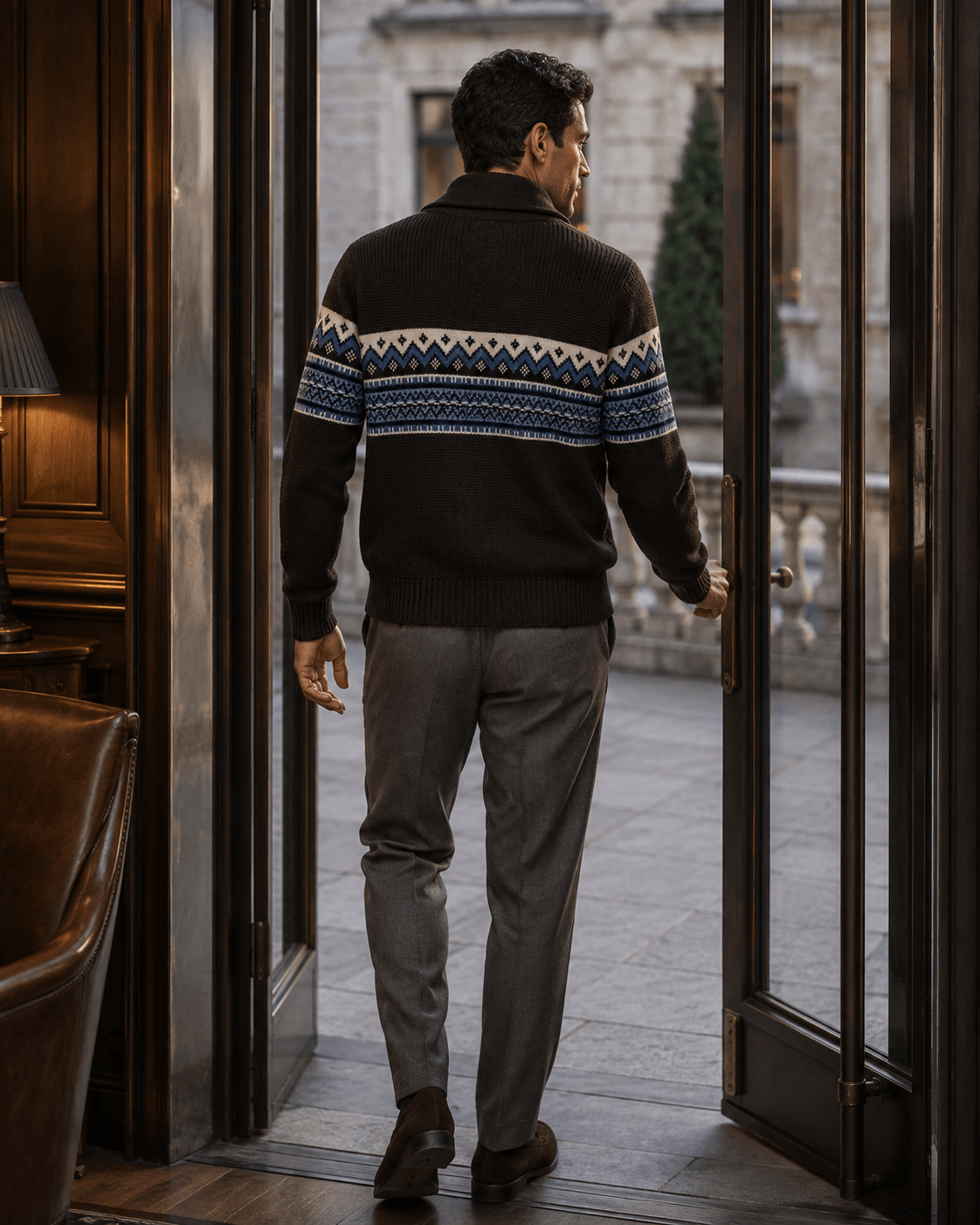 Fair Isle Shawl Collar Cardigan Sweater - F/X Fusion - Cardigan Sweater - #color_Brown