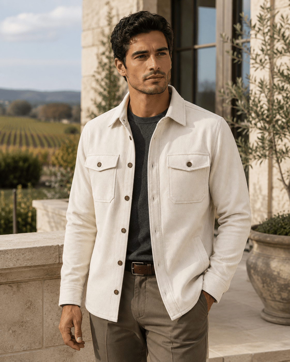 Washed Stretch Cord Button-Up Shirt - F/X Fusion - Overshirt Button-Up - #color_Sand