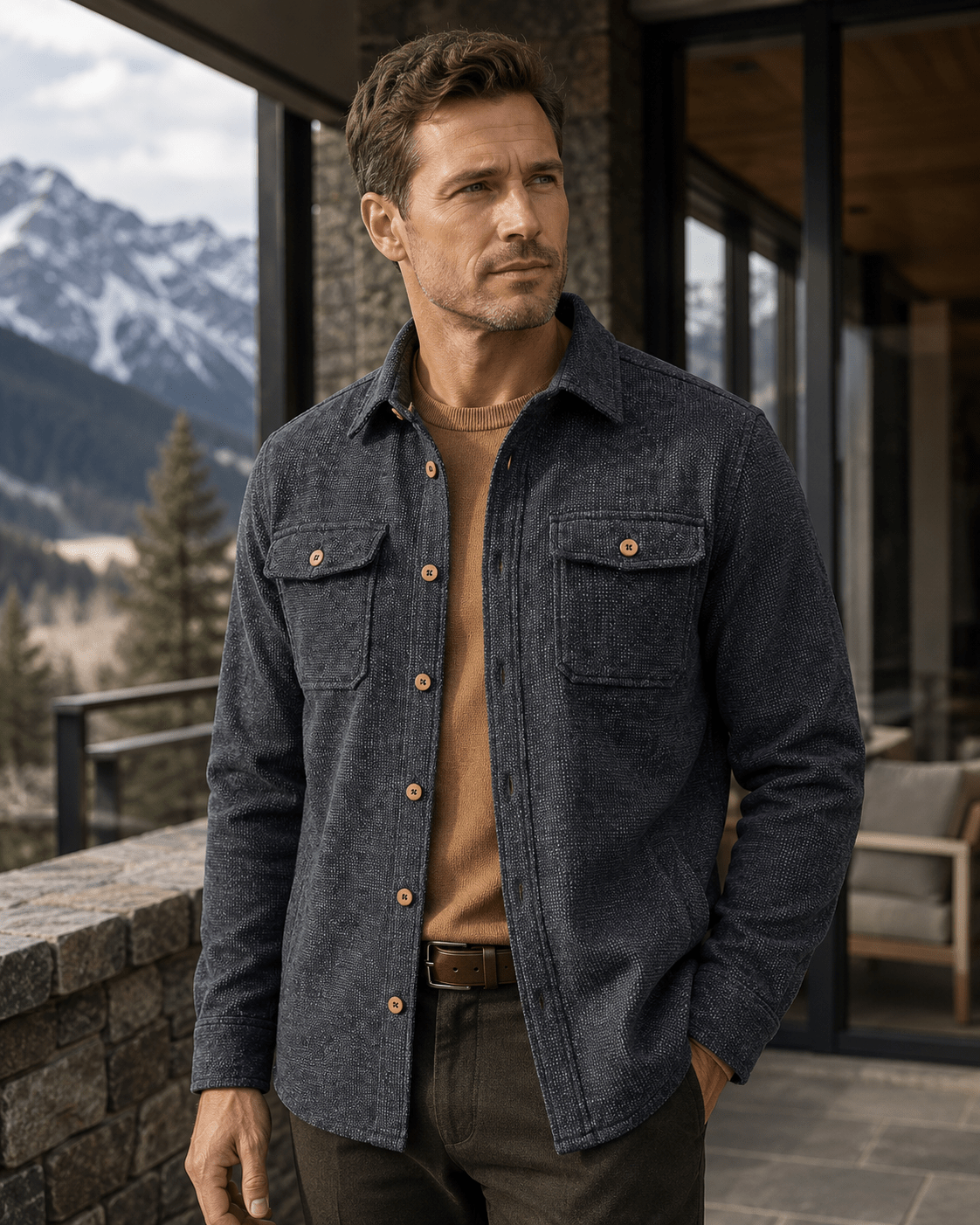 Washed Stretch Cord Button-Up Shirt - F/X Fusion - Overshirt Button-Up - #color_Indigo