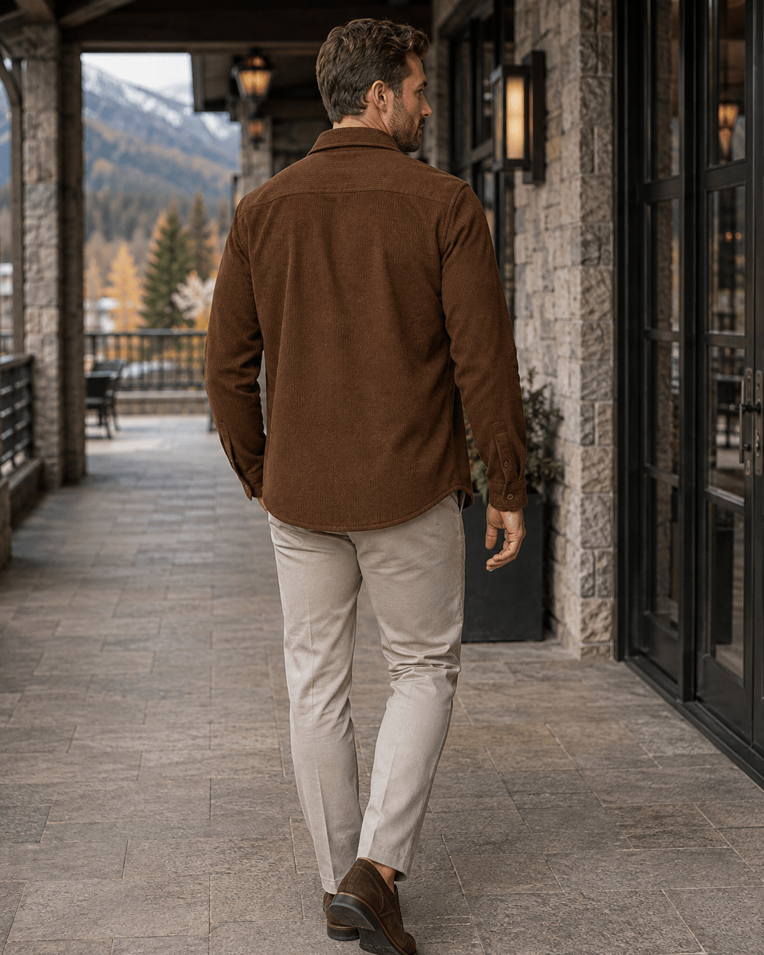 Washed Stretch Cord Button-Up Shirt - F/X Fusion - Overshirt Button-Up - #color_Brown
