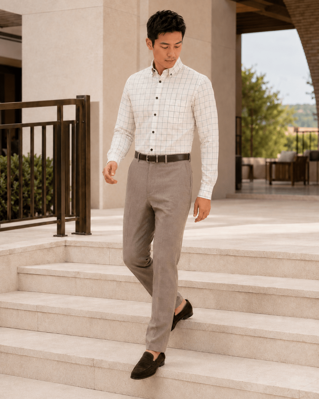 Twill Multi Check Button-Down Shirt - F/X Fusion - Button-Down Dress Shirt - #color_Ecru
