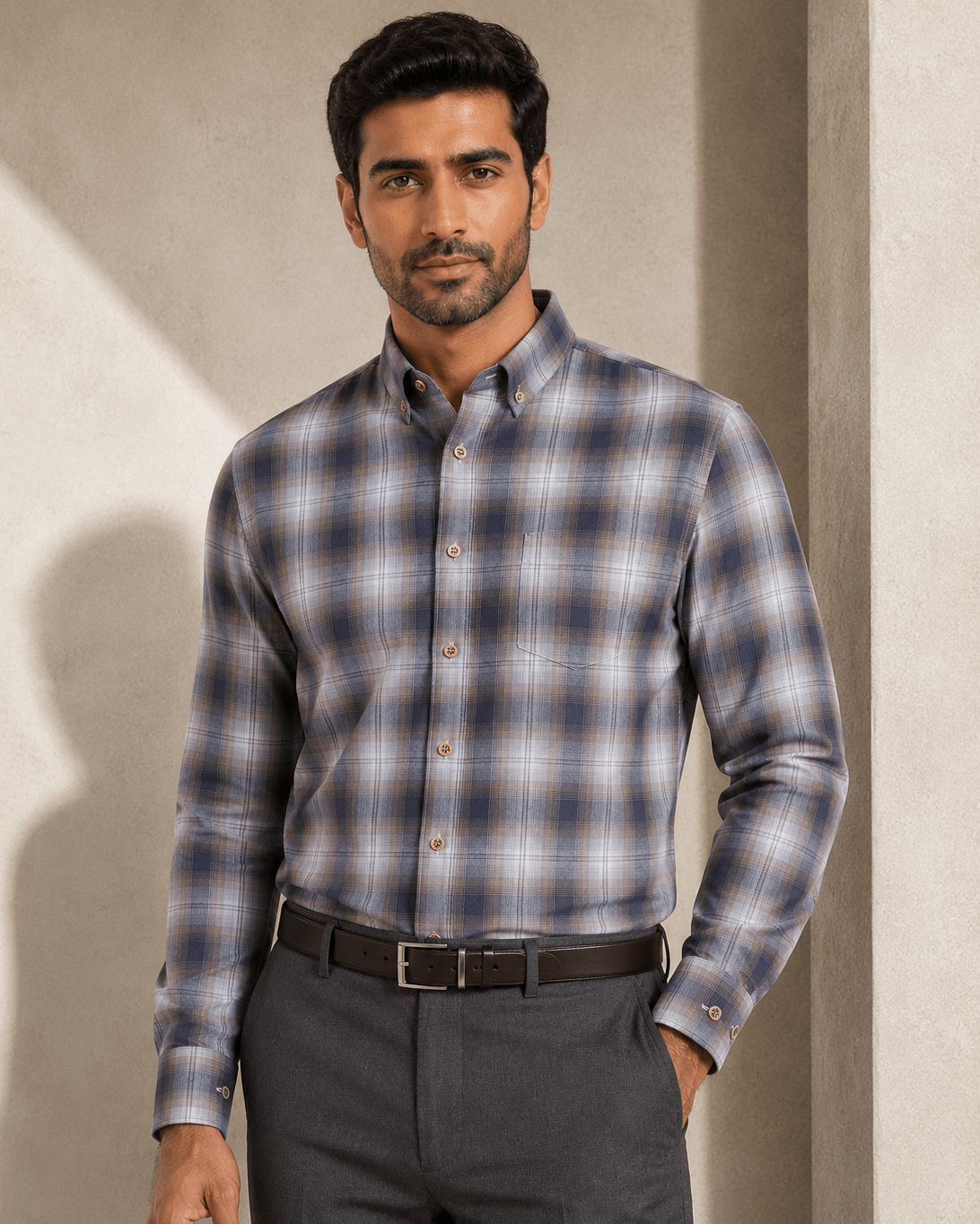Twill Muted Plaid Button-Down Shirt - F/X Fusion - Button-Down Dress Shirt - #color_Taupe