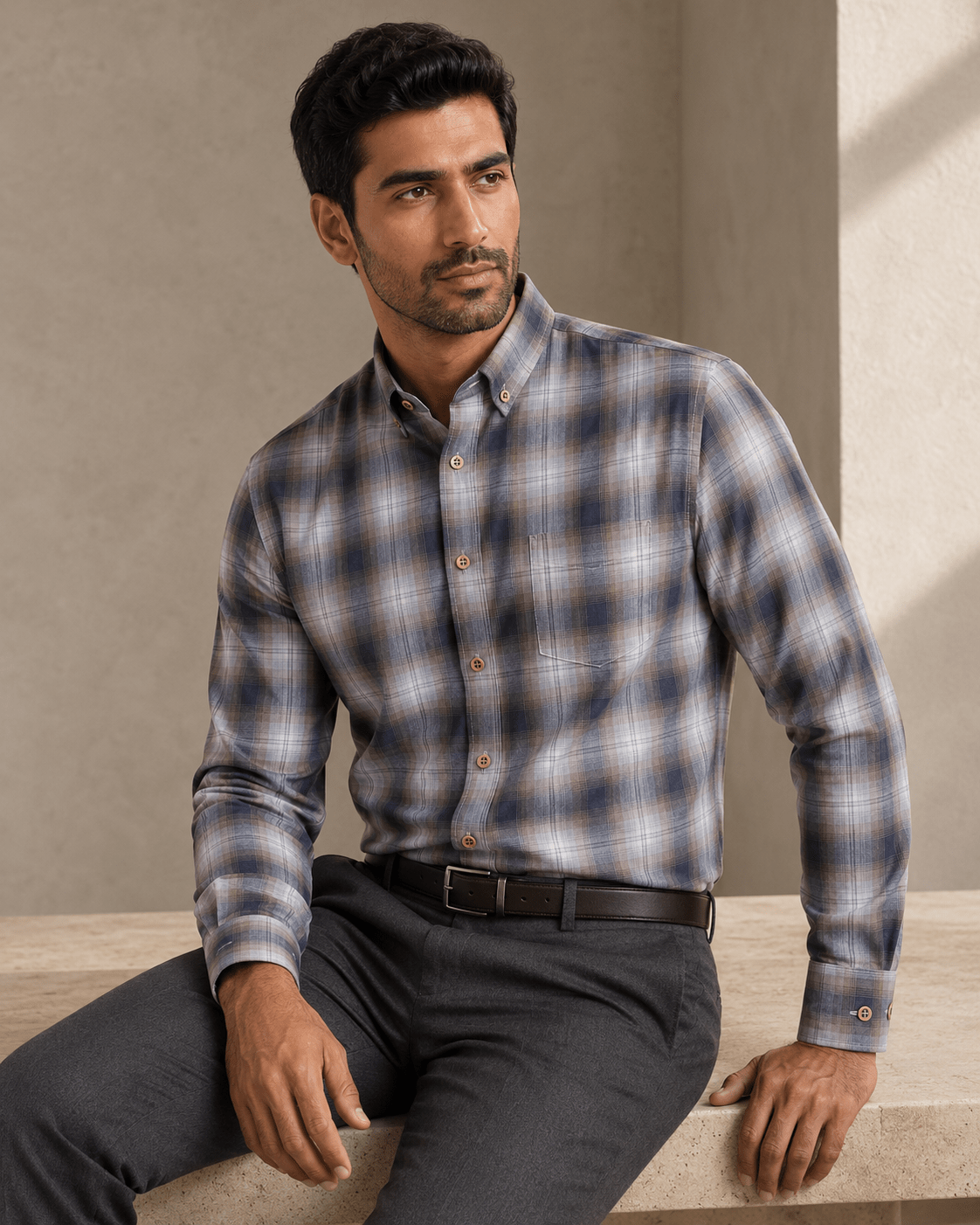 Twill Muted Plaid Button-Down Shirt - F/X Fusion - Button-Down Dress Shirt - #color_Taupe