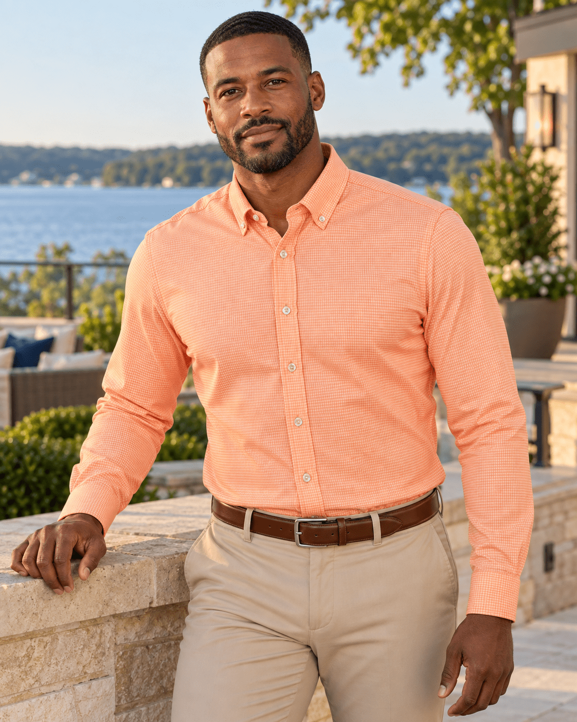 Gingham Performance Long Sleeve Button-Up - F/X Fusion - Golf Button-Down - #color_Peach