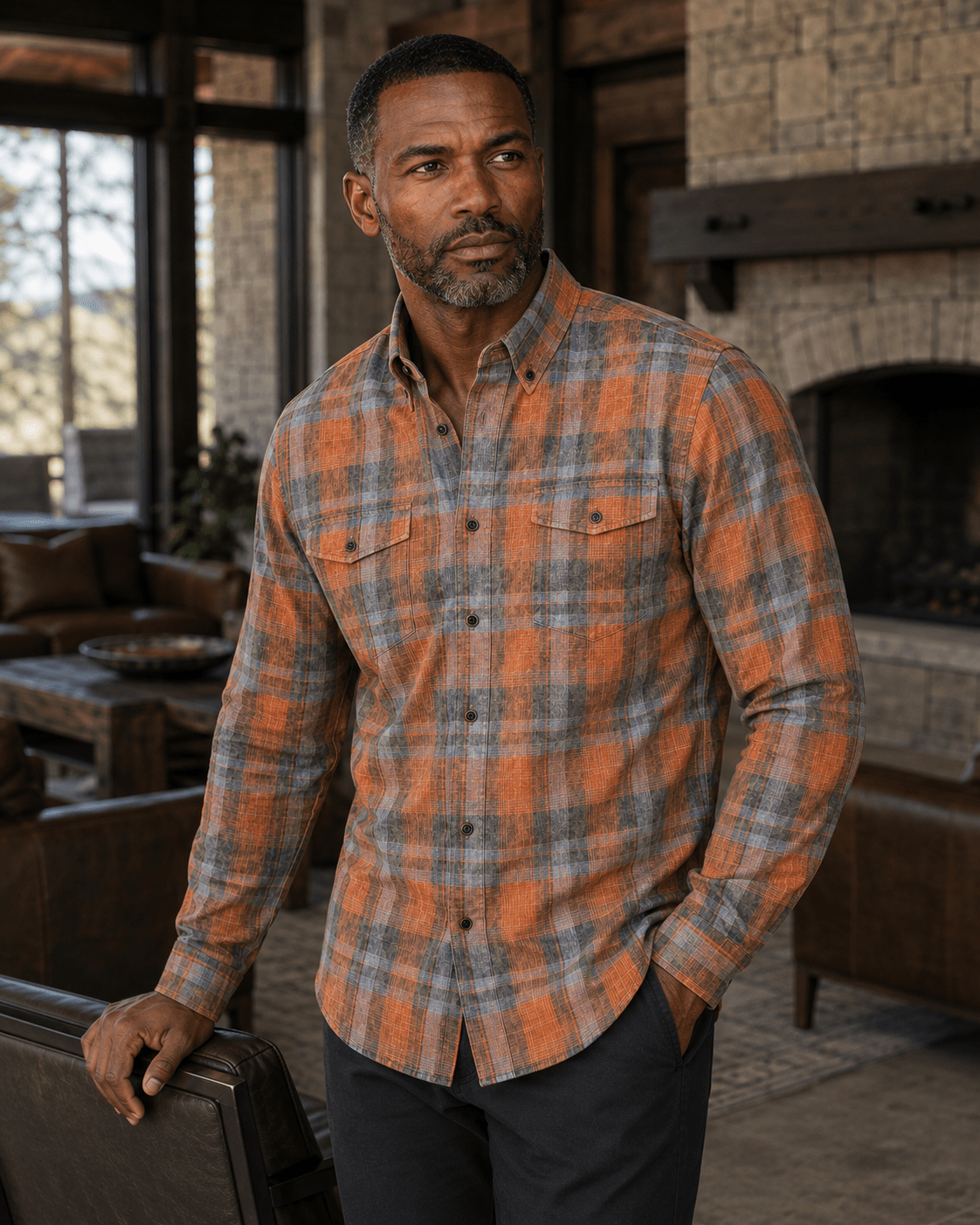 Washed Cotton Plaid Button-Down Shirt - F/X Fusion - Washed Plaid Shirt - #color_Sienna