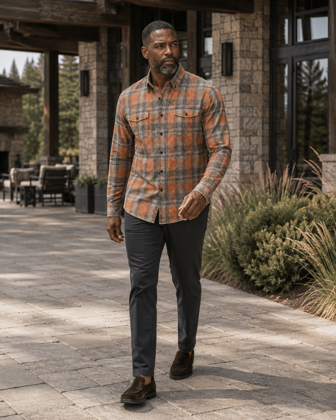 Washed Cotton Plaid Button-Down Shirt - F/X Fusion - Washed Plaid Shirt - #color_Sienna