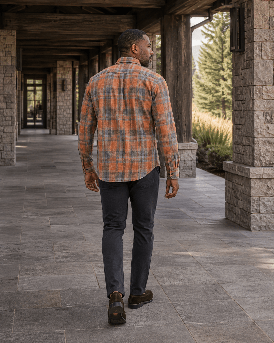 Washed Cotton Plaid Button-Down Shirt - F/X Fusion - Washed Plaid Shirt - #color_Sienna