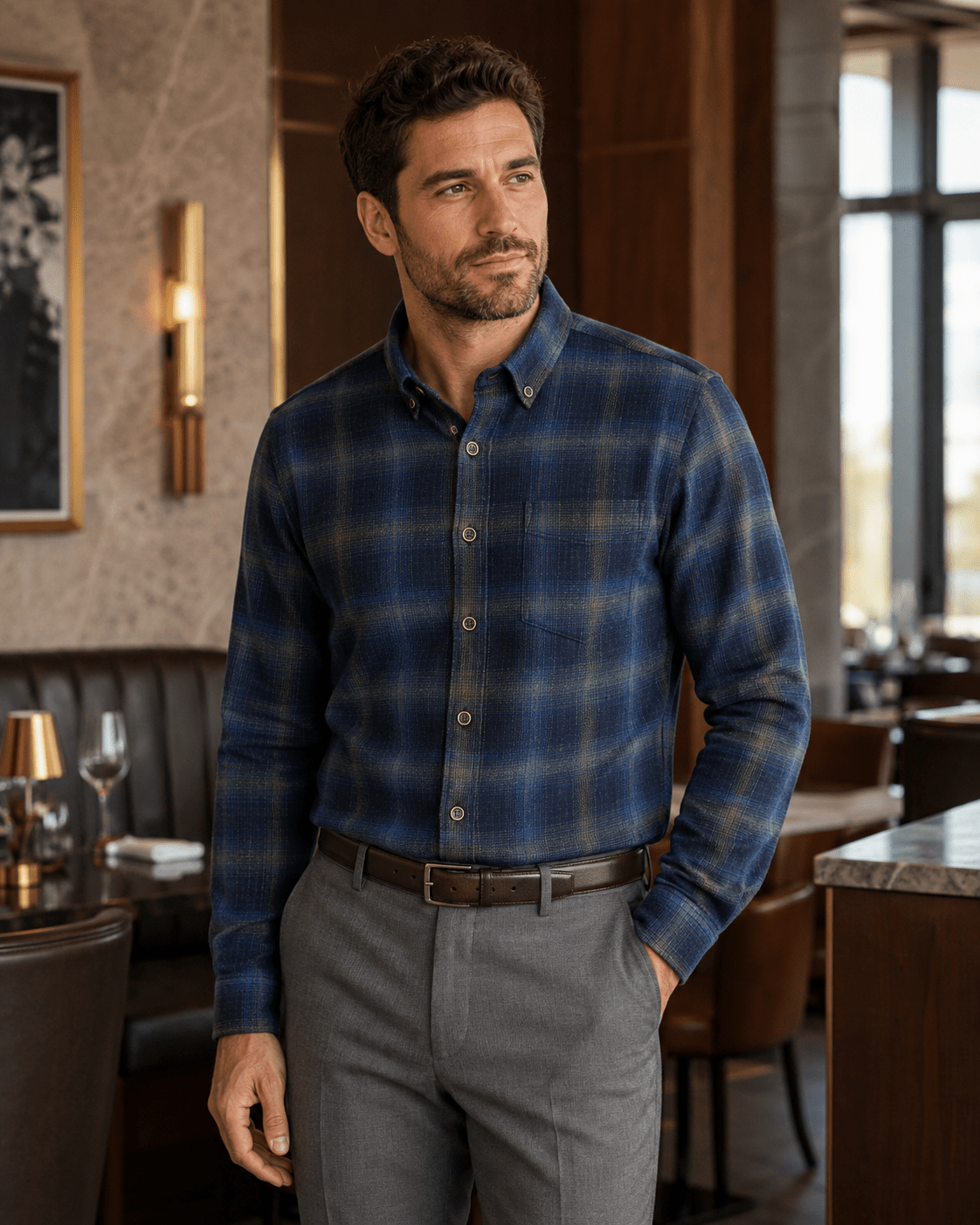 Cotton-Blend Plaid Flannel Button-Down Shirt - F/X Fusion - Button-Down CVC Flannel - #color_Navy/Olive