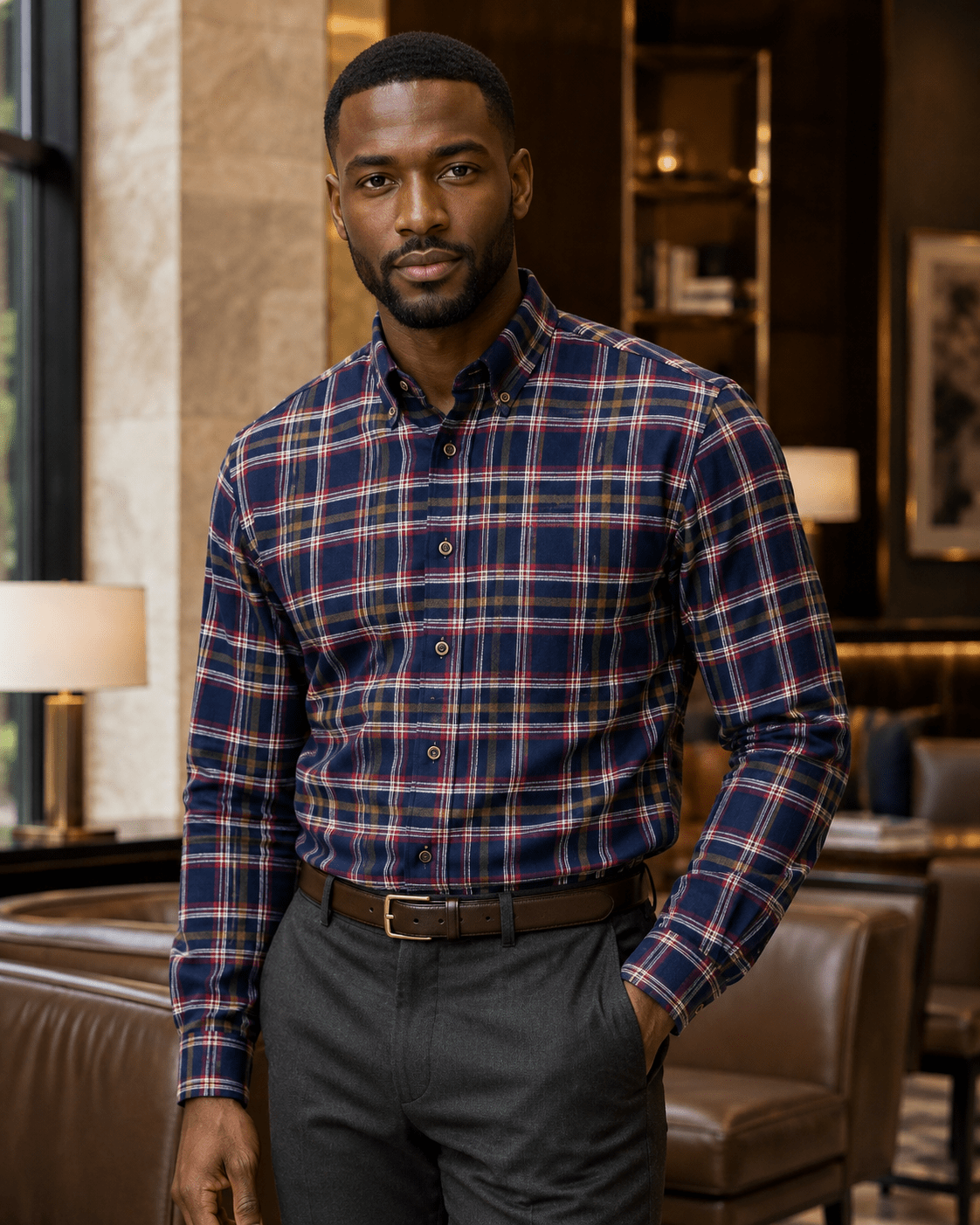 Cotton-Blend Plaid Flannel Button-Down Shirt - F/X Fusion - Button-Down CVC Flannel - #color_Navy