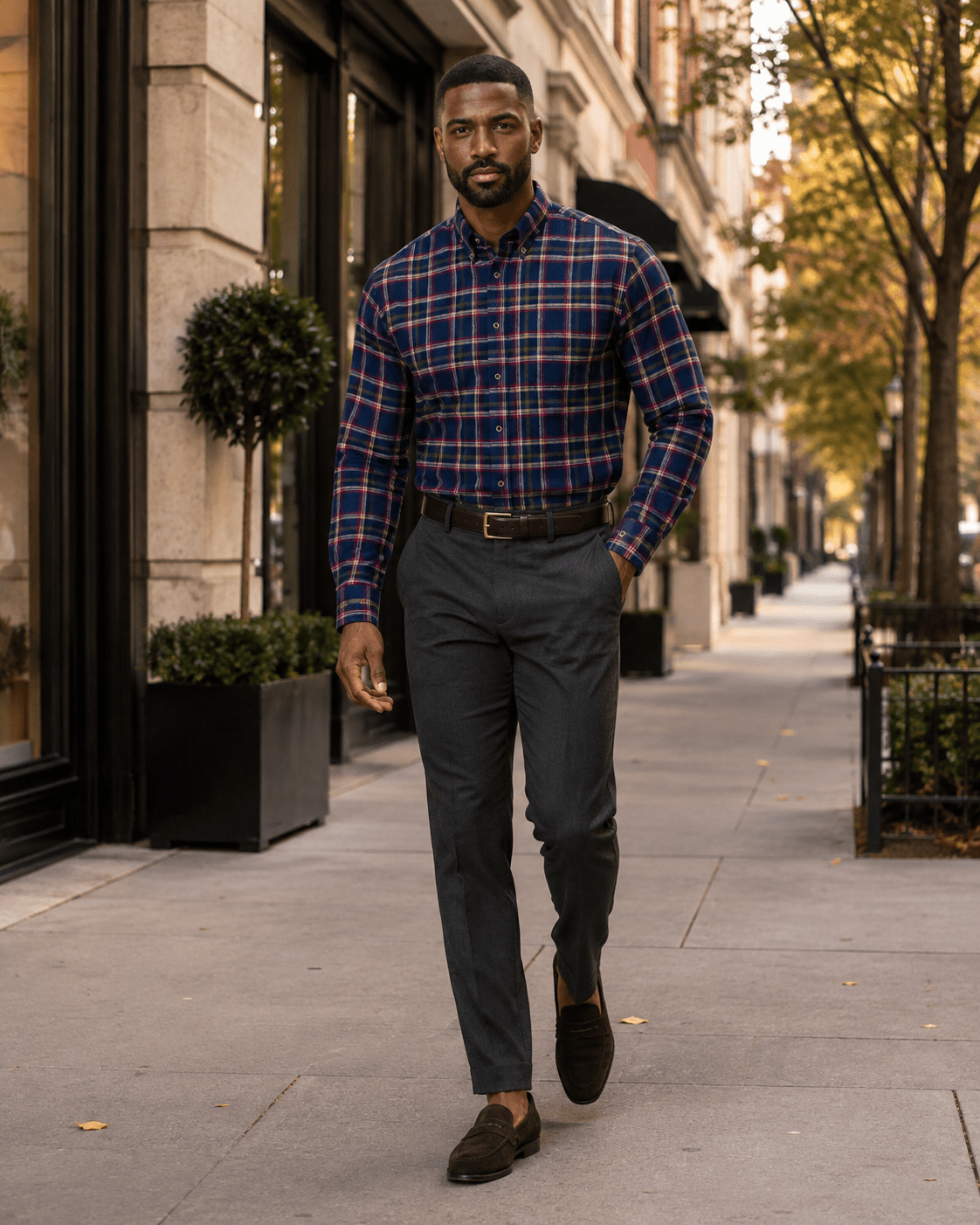 Cotton-Blend Plaid Flannel Button-Down Shirt - F/X Fusion - Button-Down CVC Flannel - #color_Navy