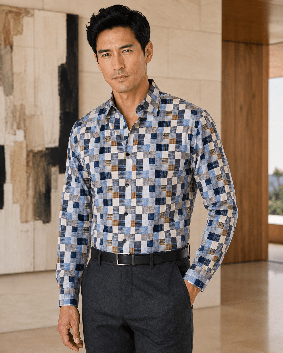 Textured Check Underbutton Shirt - F/X Fusion - Underbutton Dress shirt - #color_Blue/Tan