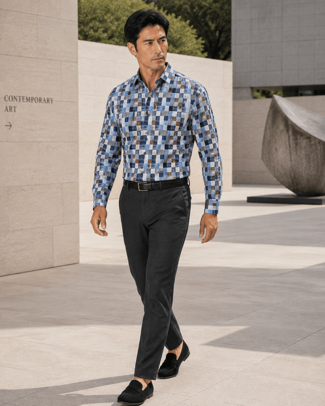 Textured Check Underbutton Shirt - F/X Fusion - Underbutton Dress shirt - #color_Blue/Tan