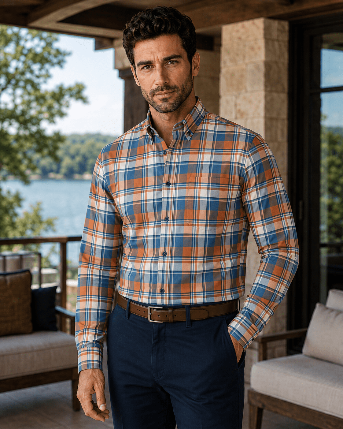 Multi Plaid Stretch Shirt - F/X Fusion - Button-Down Dress Shirt - #color_Deep Lake Multi